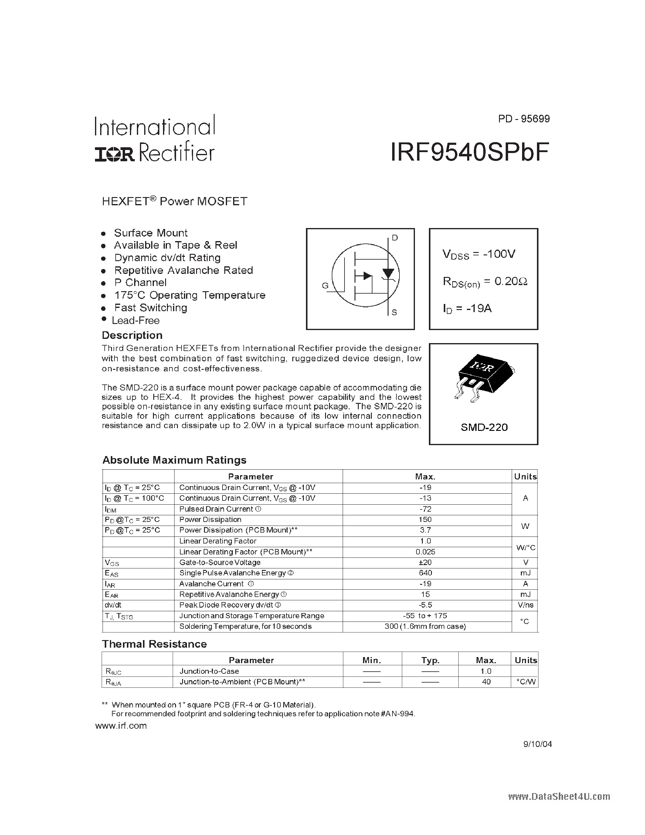 Datasheet IRF9540SPBF - HEXFET Power MOSFET page 1