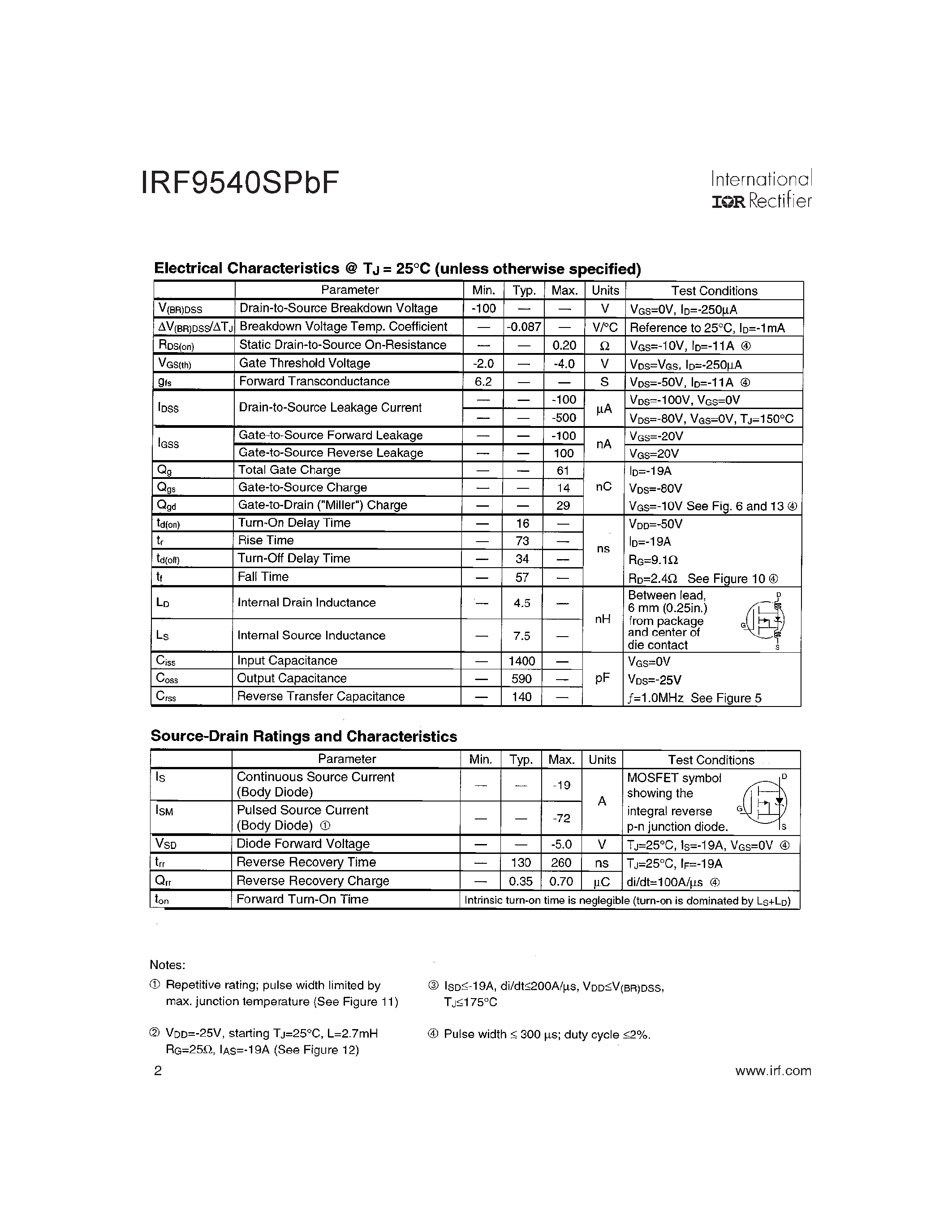 Datasheet IRF9540SPBF - HEXFET Power MOSFET page 2