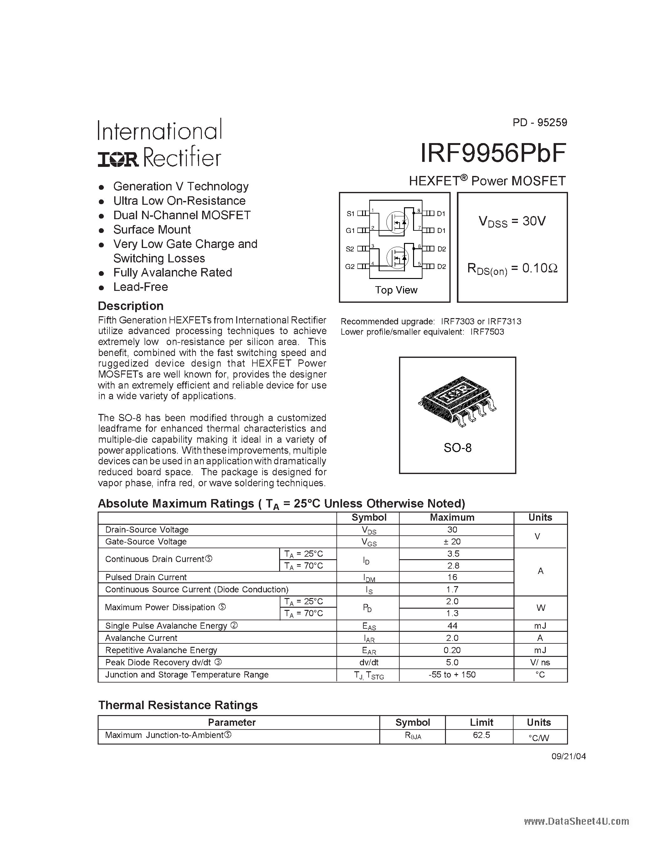Datasheet IRF9956PBF - HEXFET Power MOSFET page 1