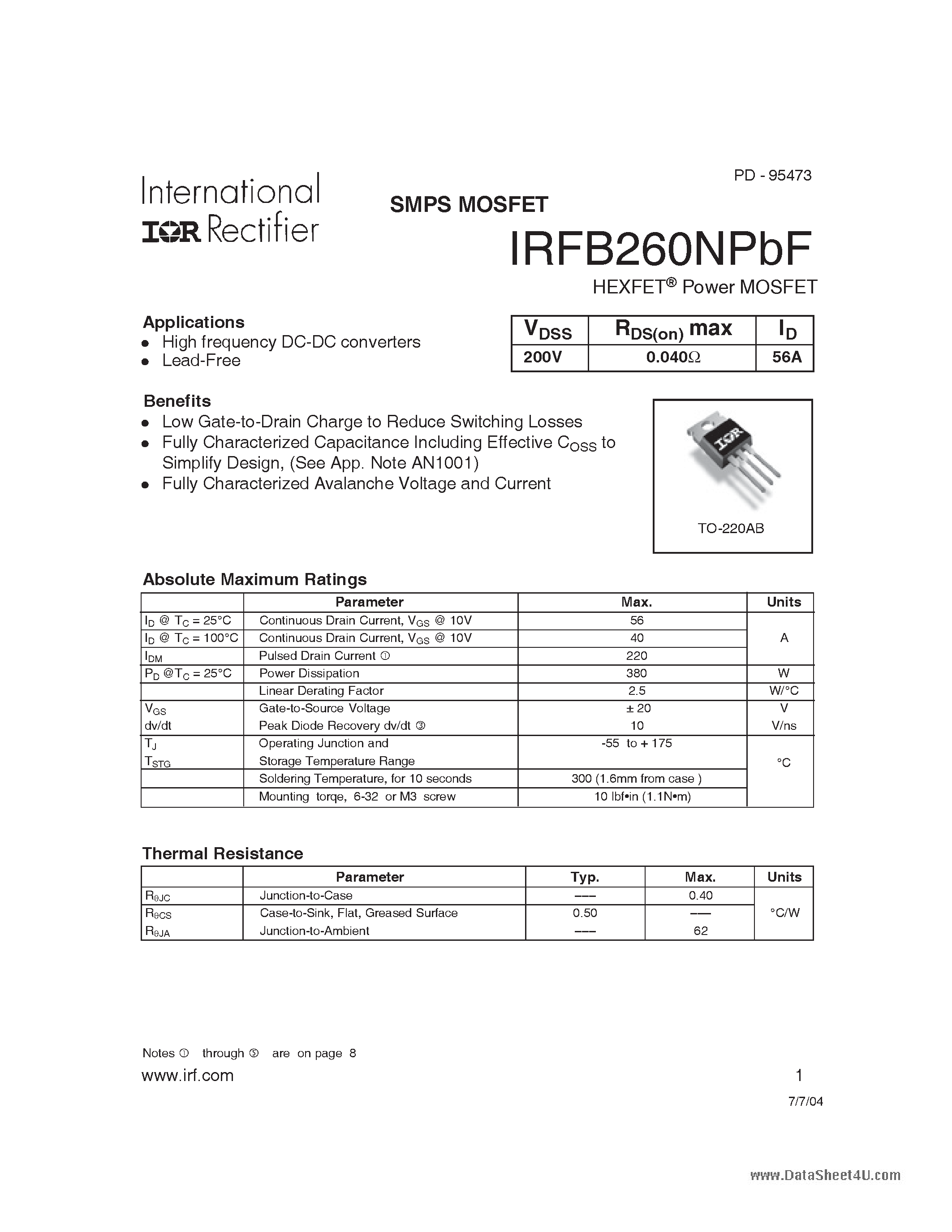 Datasheet IRFB260NPBF - HEXFET Power MOSFET page 1