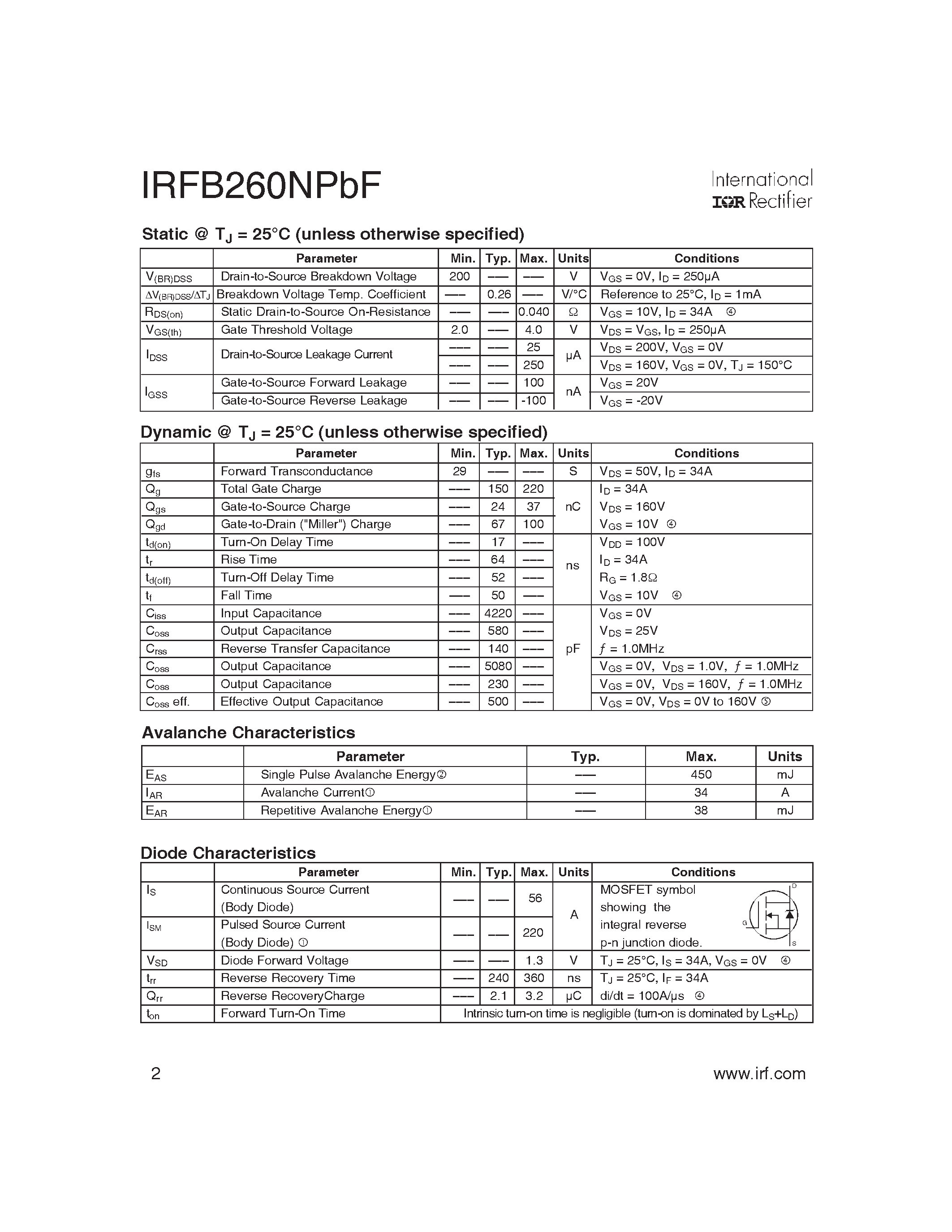 Datasheet IRFB260NPBF - HEXFET Power MOSFET page 2