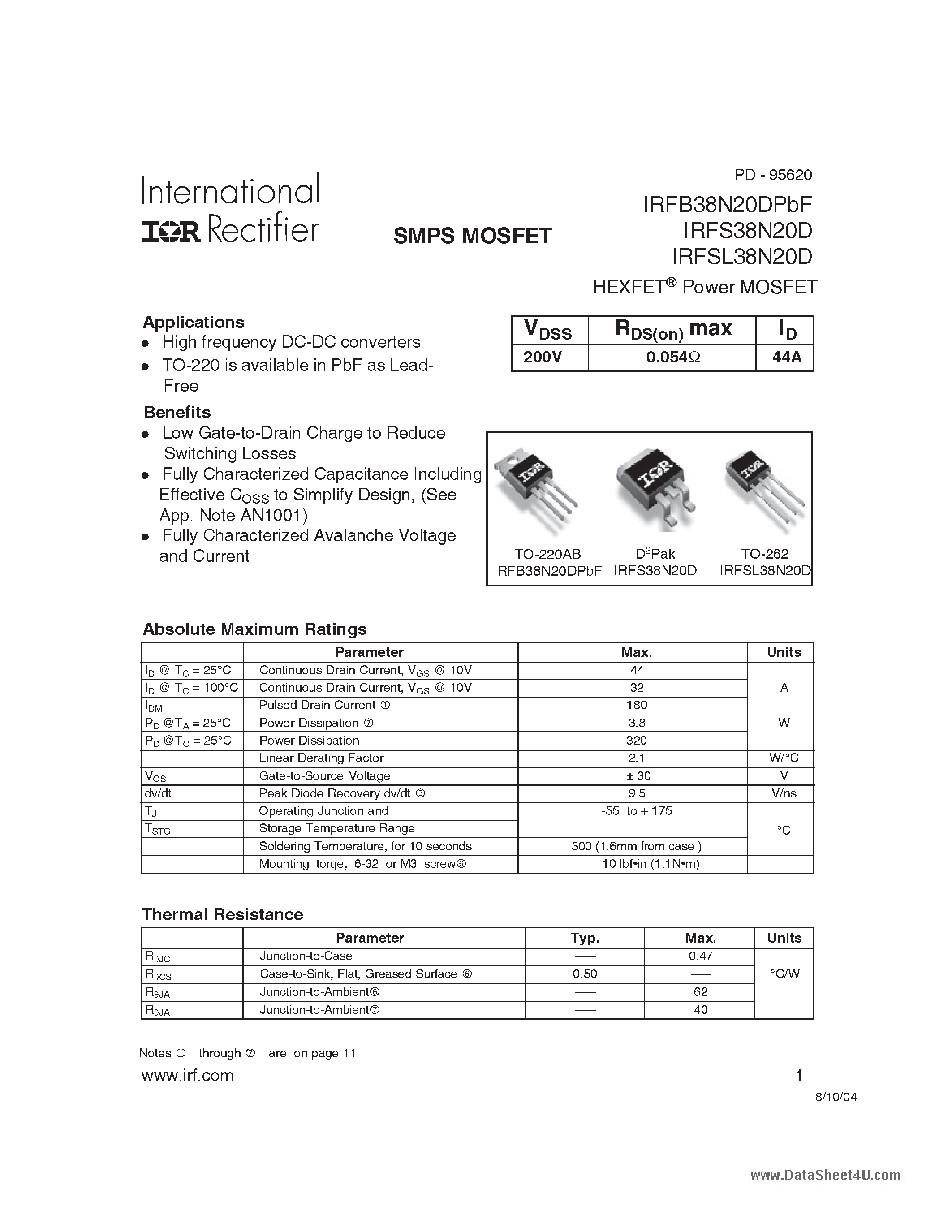 Datasheet IRFB38N20DPBF - HEXFET Power MOSFET page 1