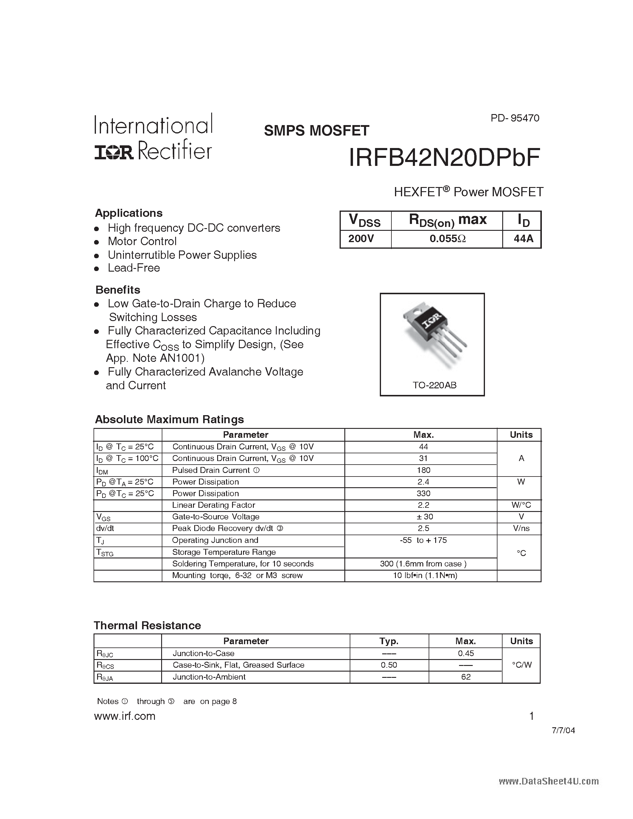 Datasheet IRFB42N20DPBF - HEXFET Power MOSFET page 1