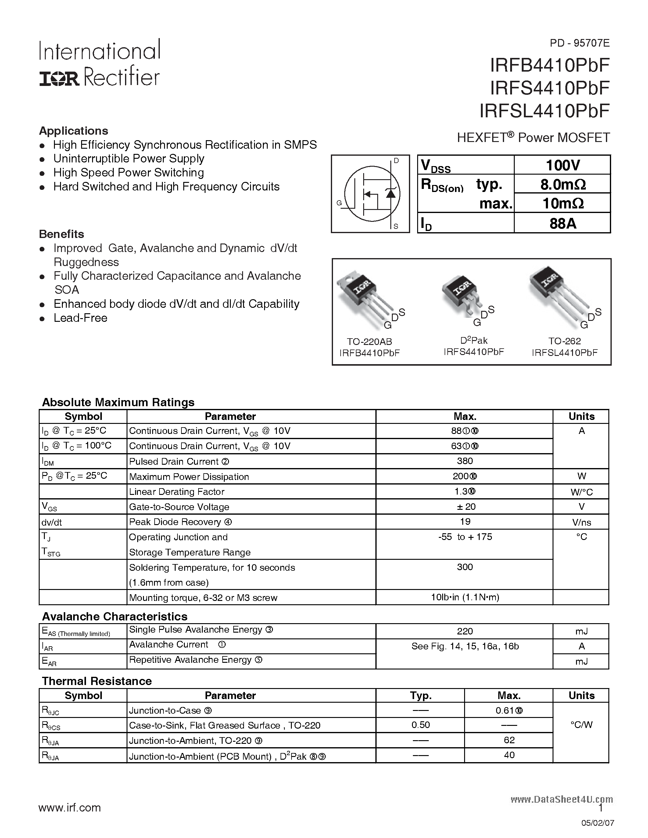 Datasheet IRFB4410PbF page 1 Datasheet IRFB4410PbF - HEXFET Power MOSFET page 1