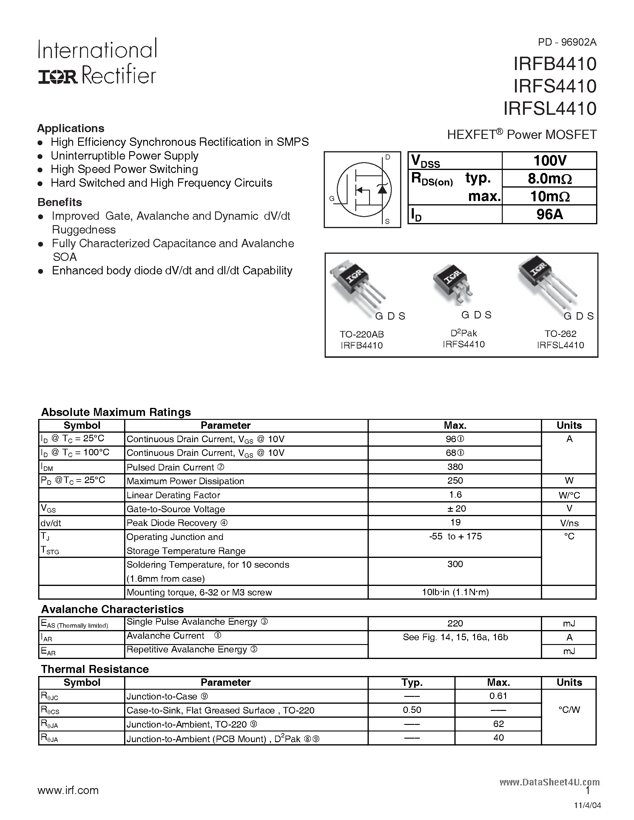 Datasheet IRFB4410 - HEXFET Power MOSFET page 1