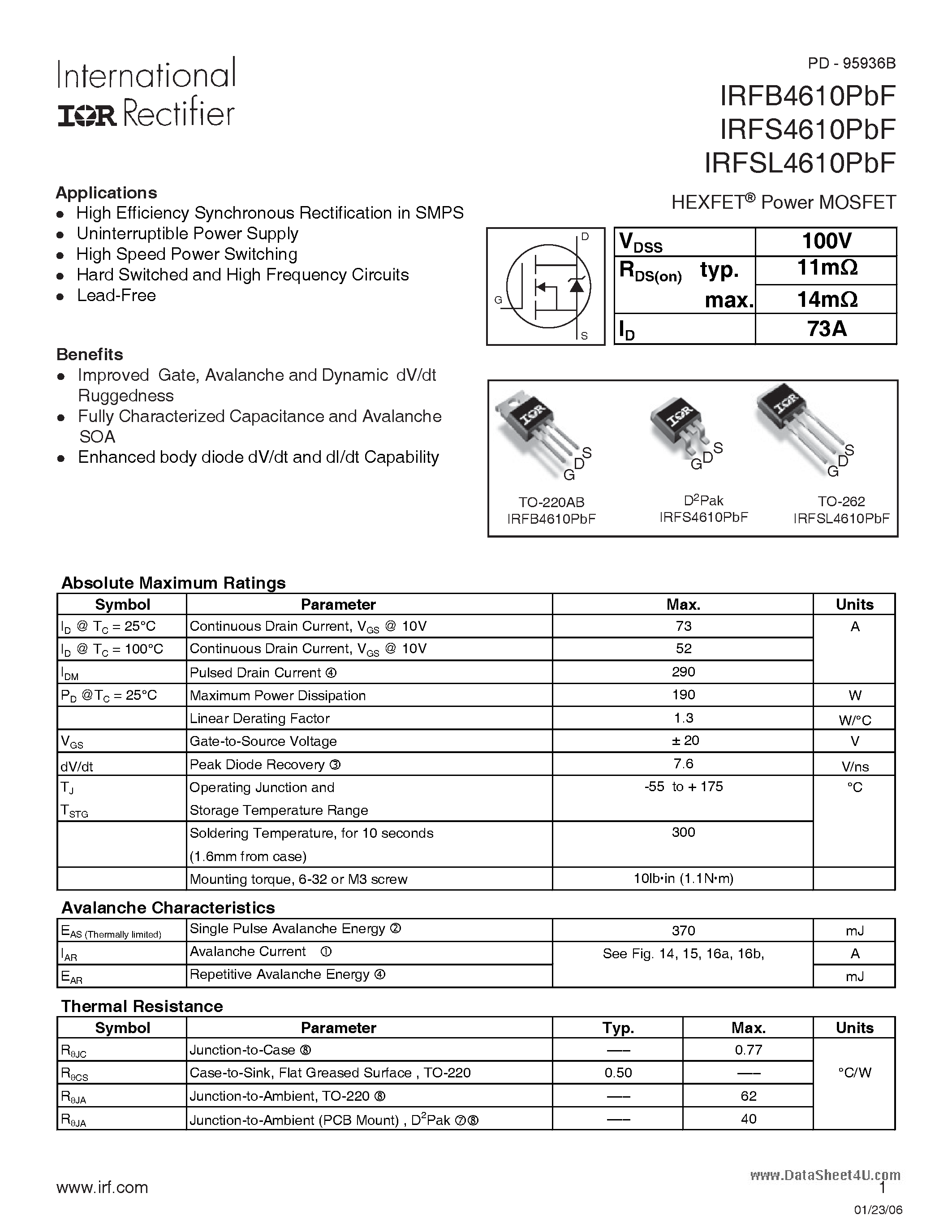 Datasheet IRFB4610PBF - HEXFET Power MOSFET page 1