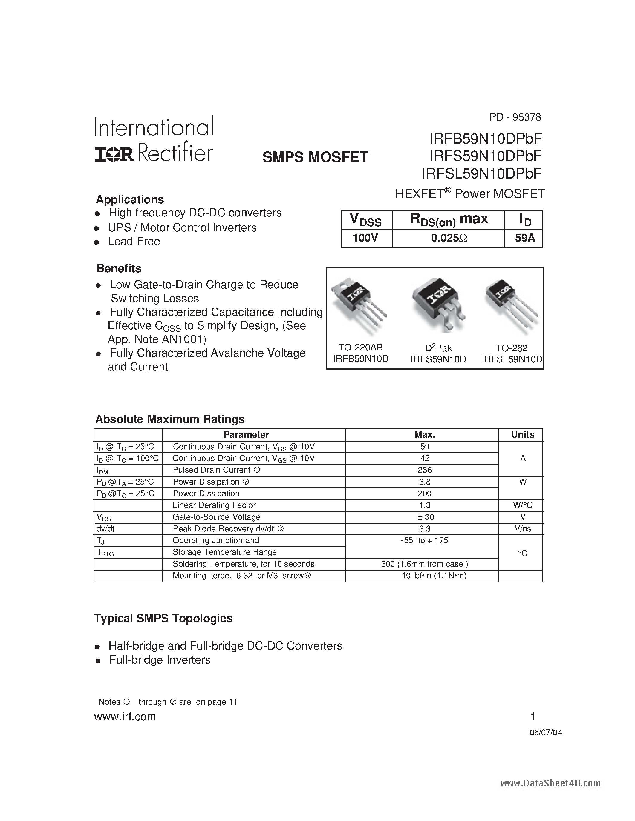 Datasheet IRFB59N10DPBF - HEXFET Power MOSFET page 1