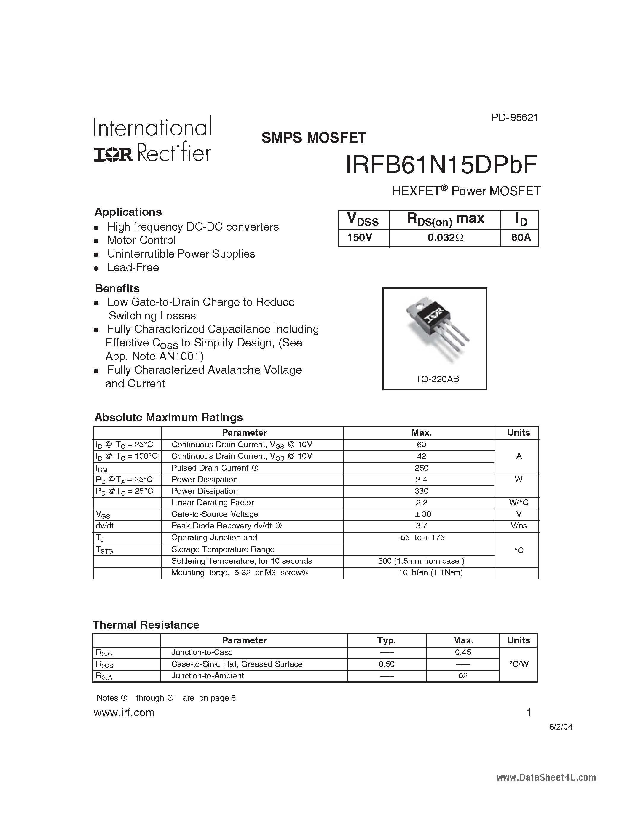 Datasheet IRFB61N15DPBF - HEXFET Power MOSFET page 1
