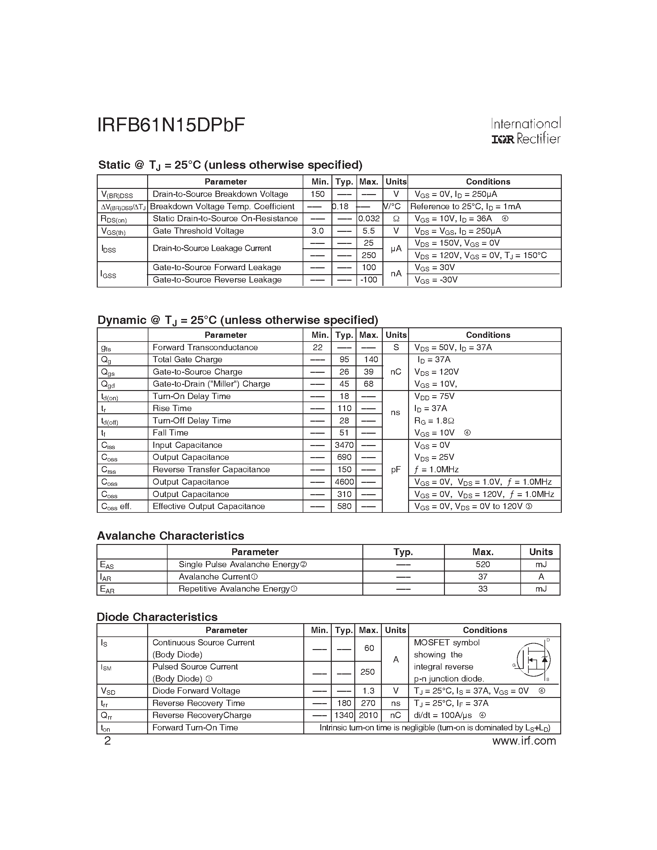 Datasheet IRFB61N15DPBF - HEXFET Power MOSFET page 2