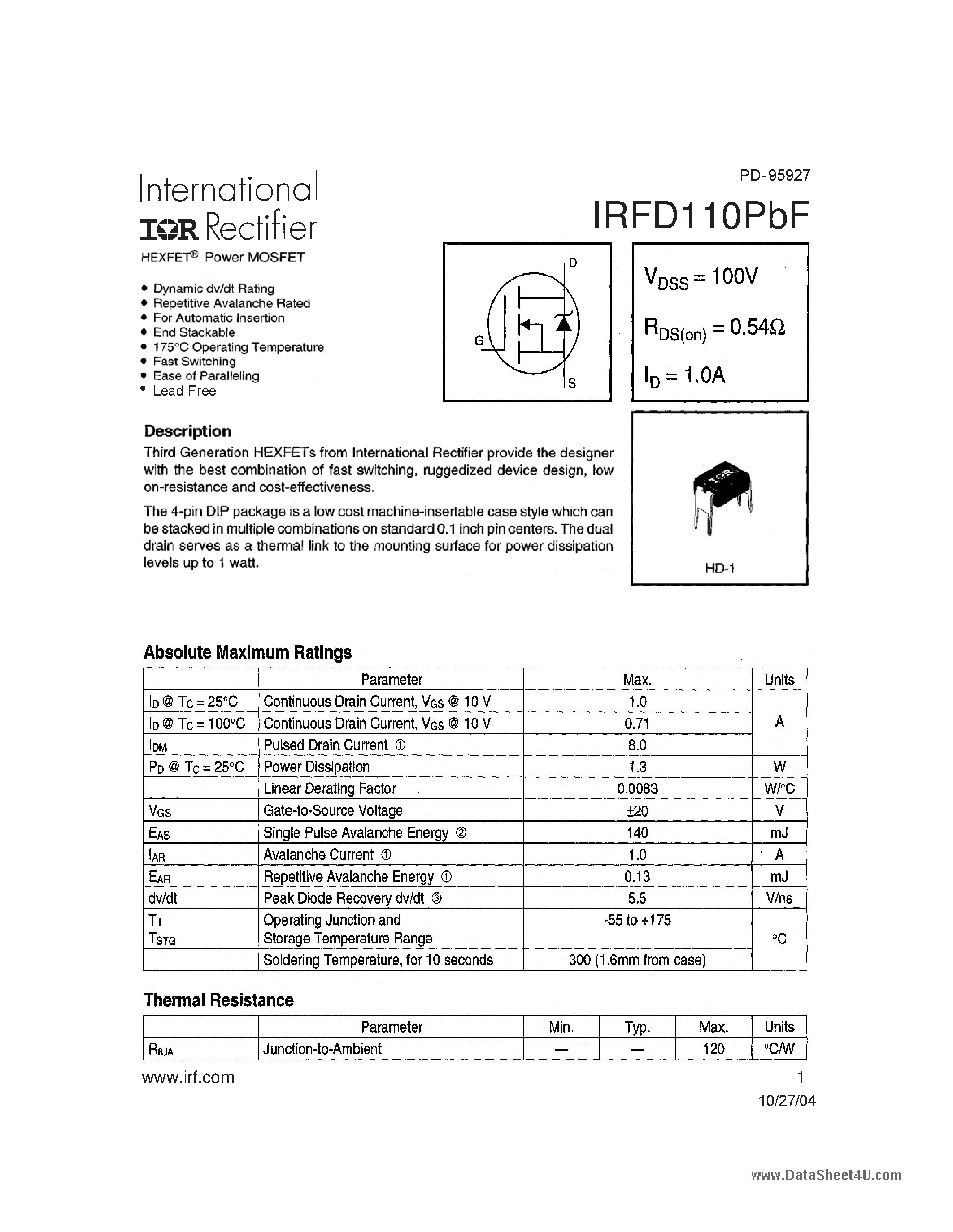 Datasheet IRFD110PBF - HEXFET Power MOSFET page 1