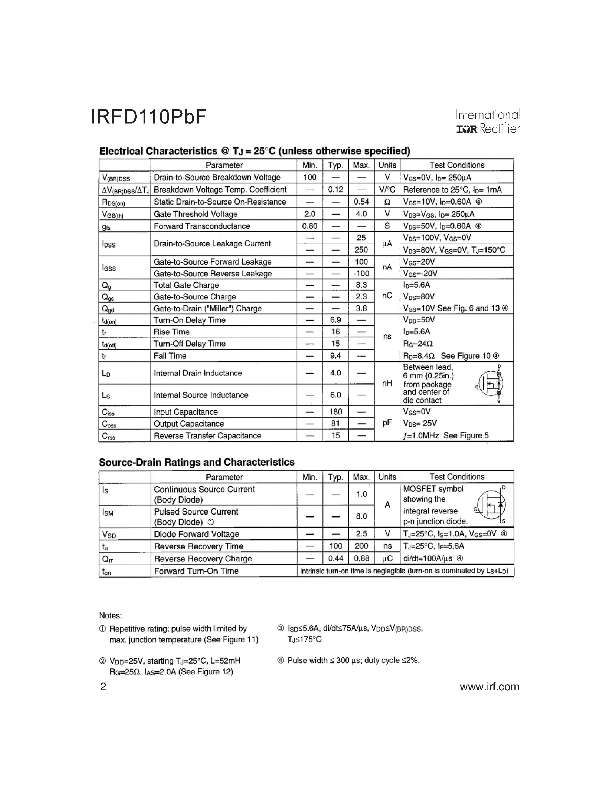 Datasheet IRFD110PBF - HEXFET Power MOSFET page 2