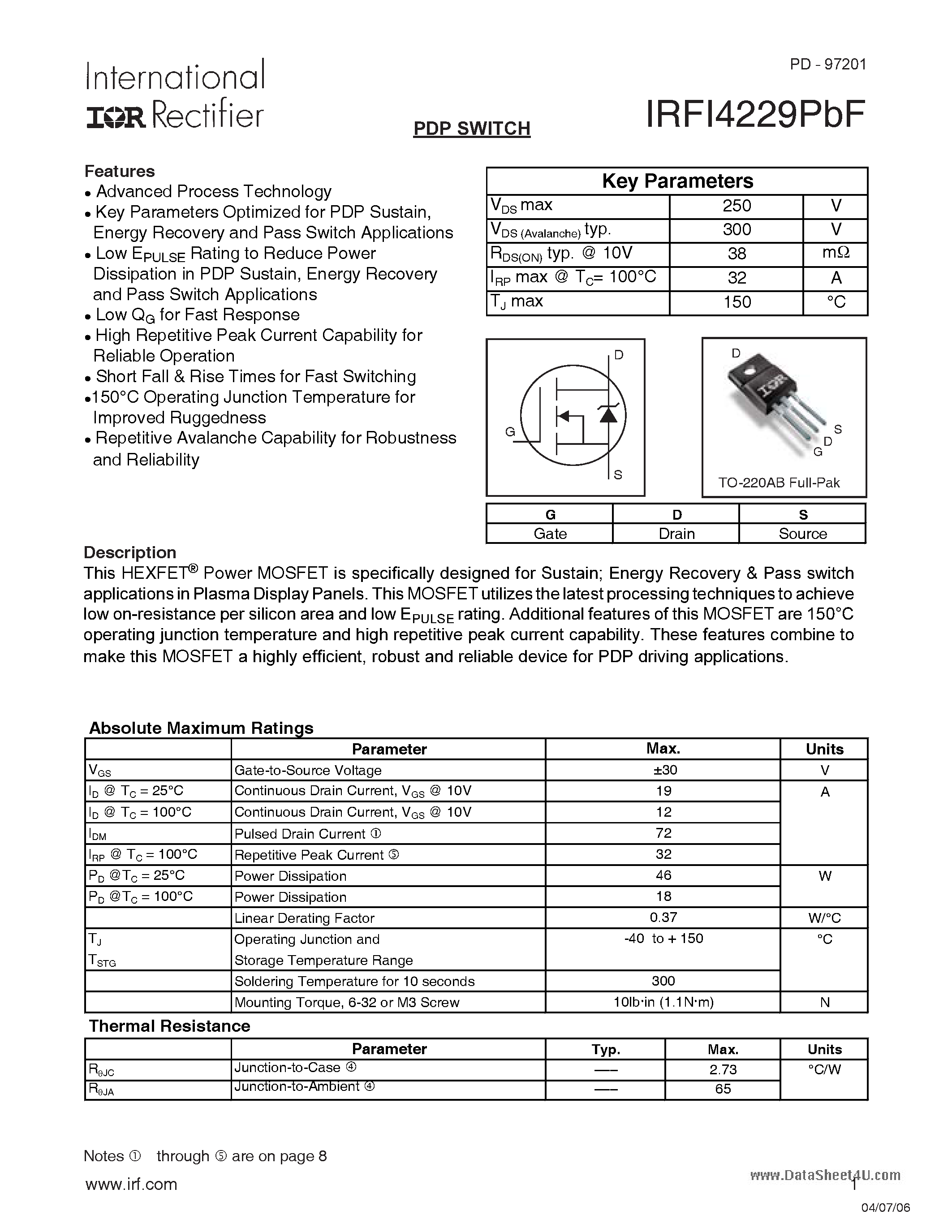 Datasheet IRFI4229PBF - HEXFET Power MOSFET page 1