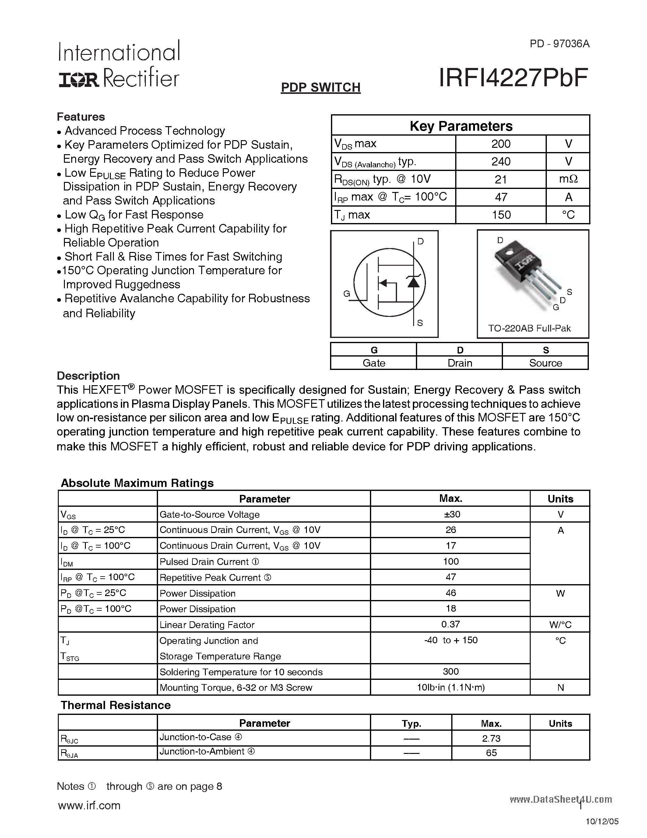 Datasheet IRFI4227PBF - HEXFET Power MOSFET page 1