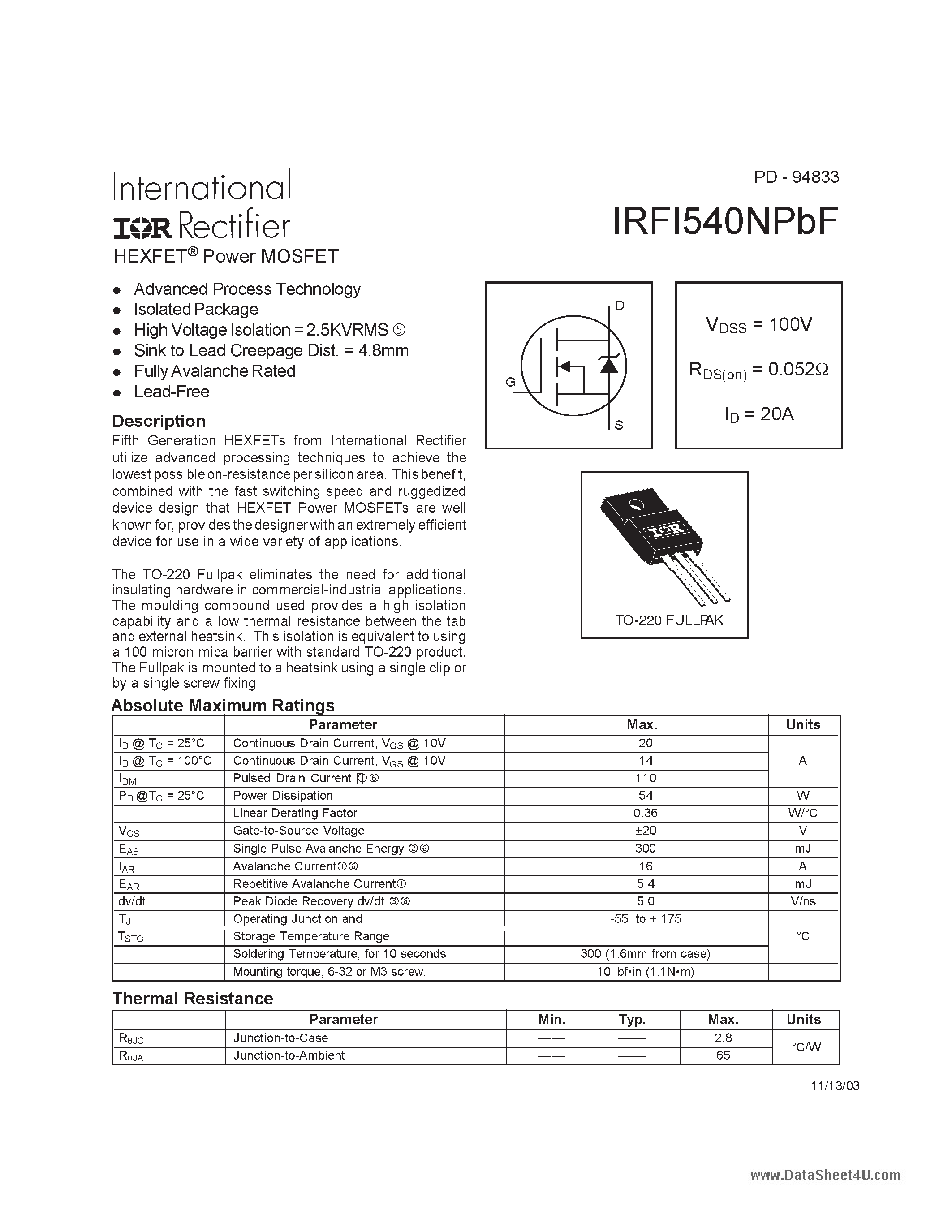 Datasheet IRFI540NPBF - HEXFET Power MOSFET page 1
