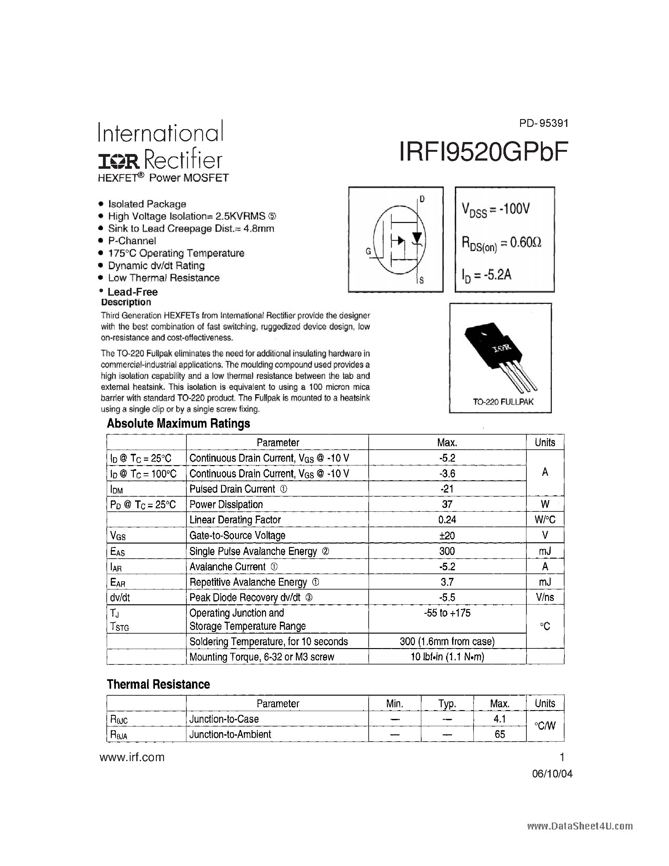 Datasheet IRFI9520GPBF - HEXFET Power MOSFET page 1