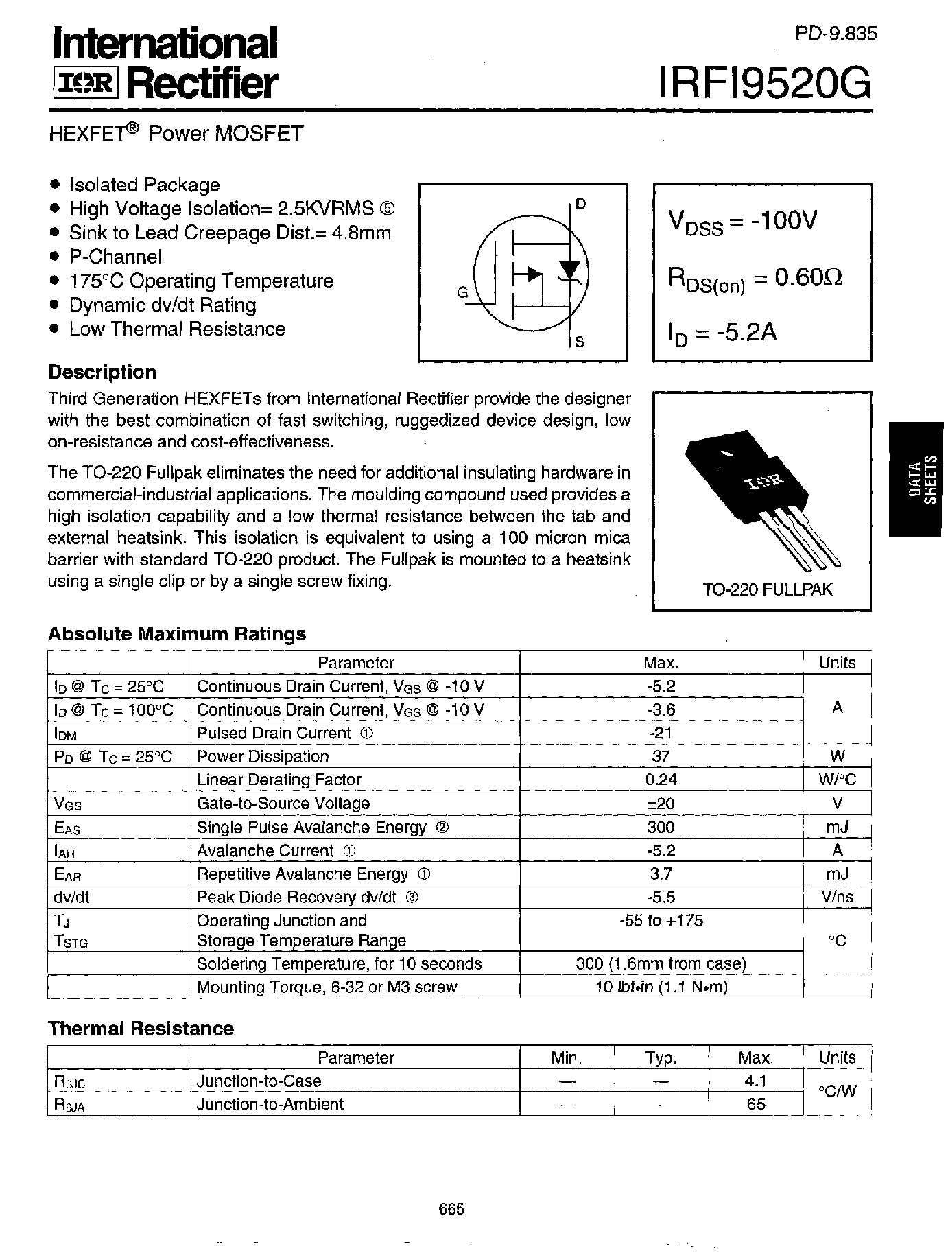 Datasheet IRFI9520G - HEXFET Power MOSFET page 1