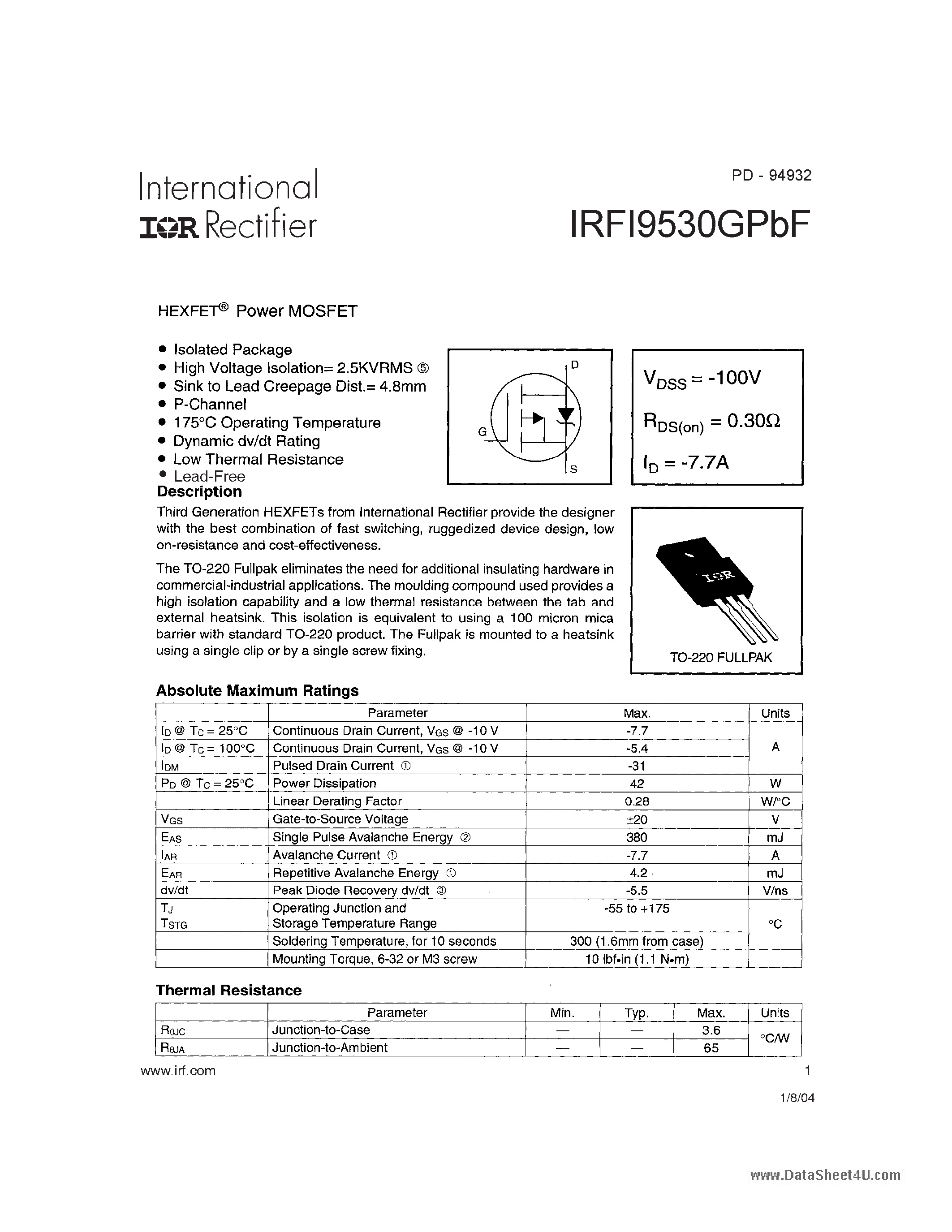 Datasheet IRFI9530GPBF - HEXFET Power MOSFET page 1