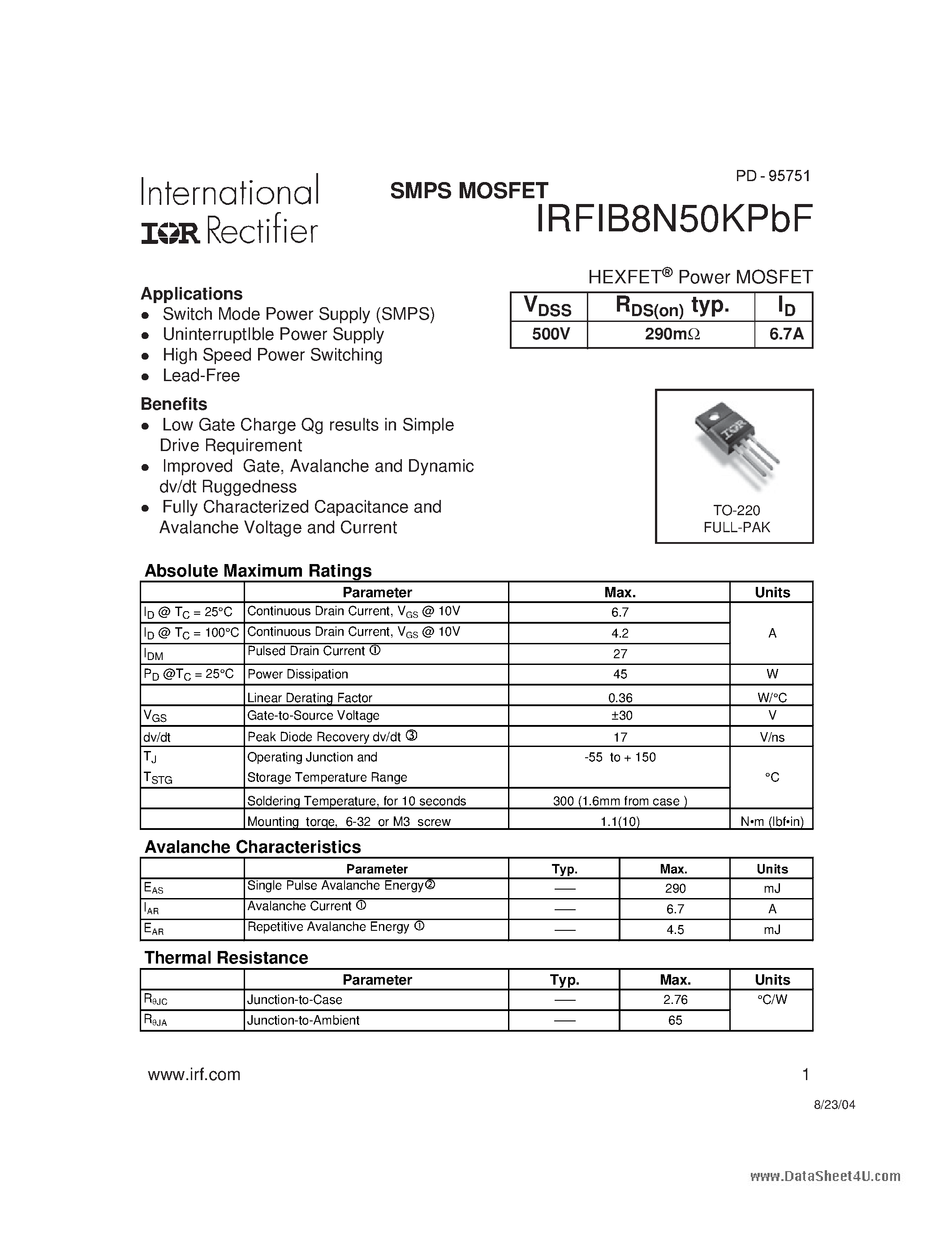 Datasheet IRFIB8N50KPBF - HEXFET Power MOSFET page 1