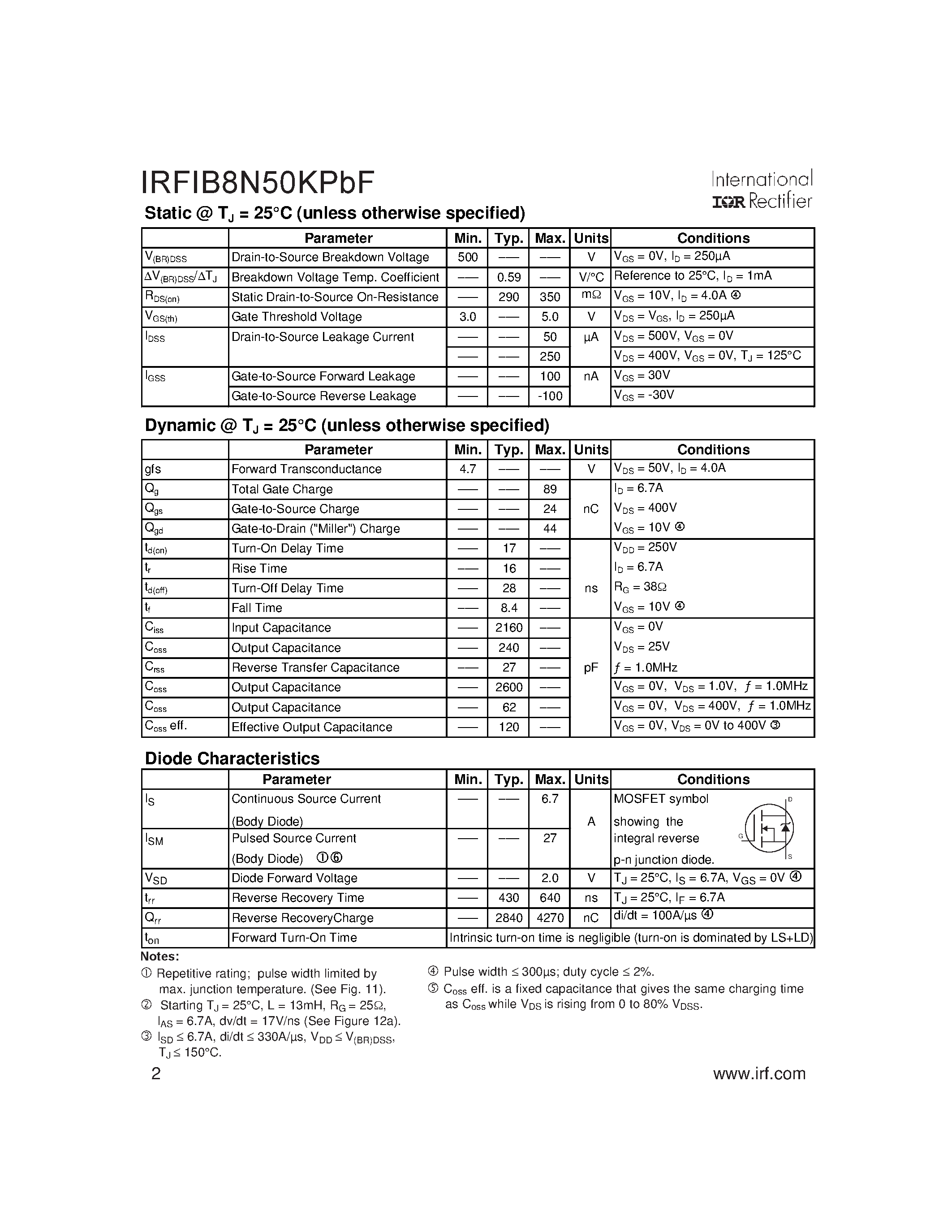 Datasheet IRFIB8N50KPBF - HEXFET Power MOSFET page 2