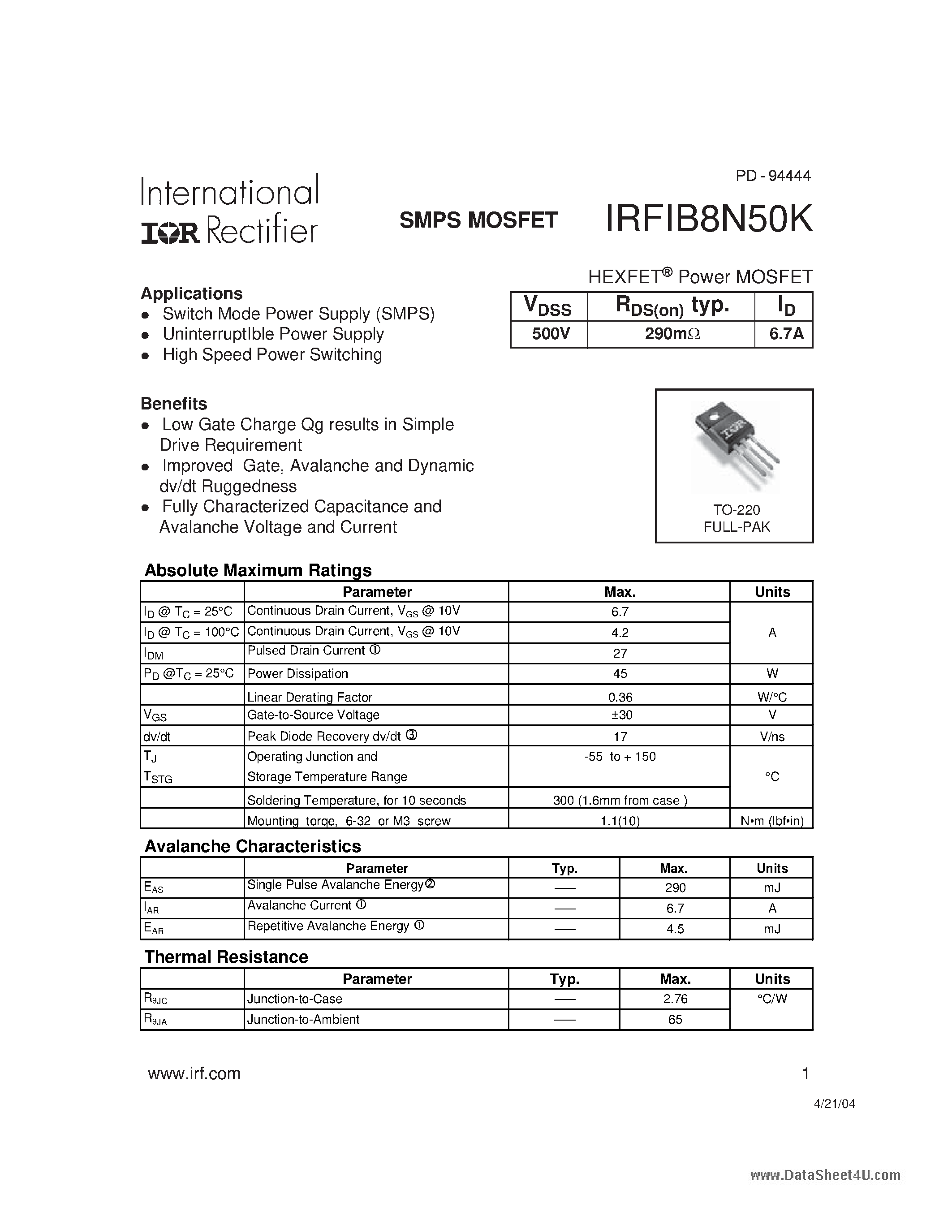 Datasheet IRFIB8N50K - HEXFET Power MOSFET page 1