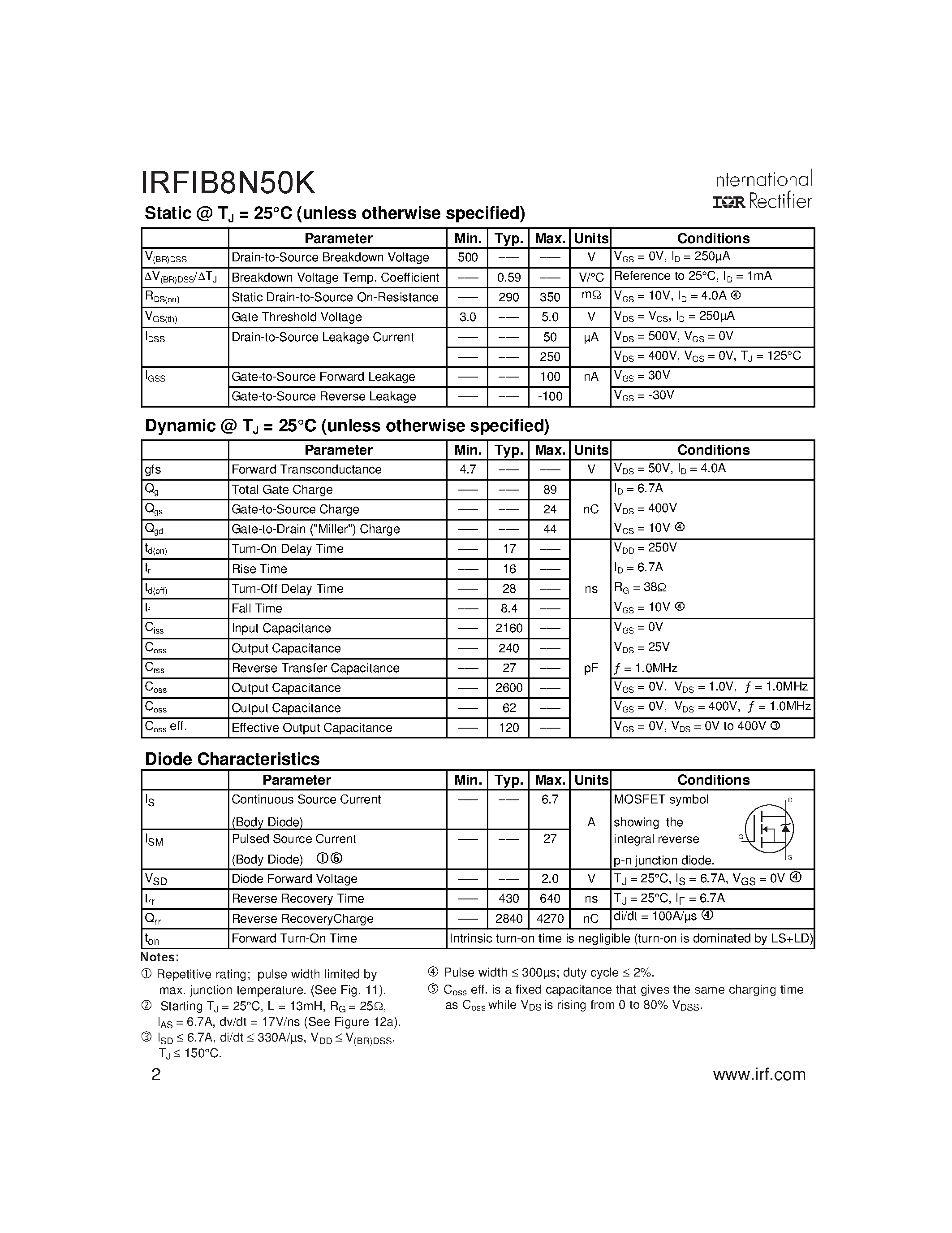 Datasheet IRFIB8N50K - HEXFET Power MOSFET page 2