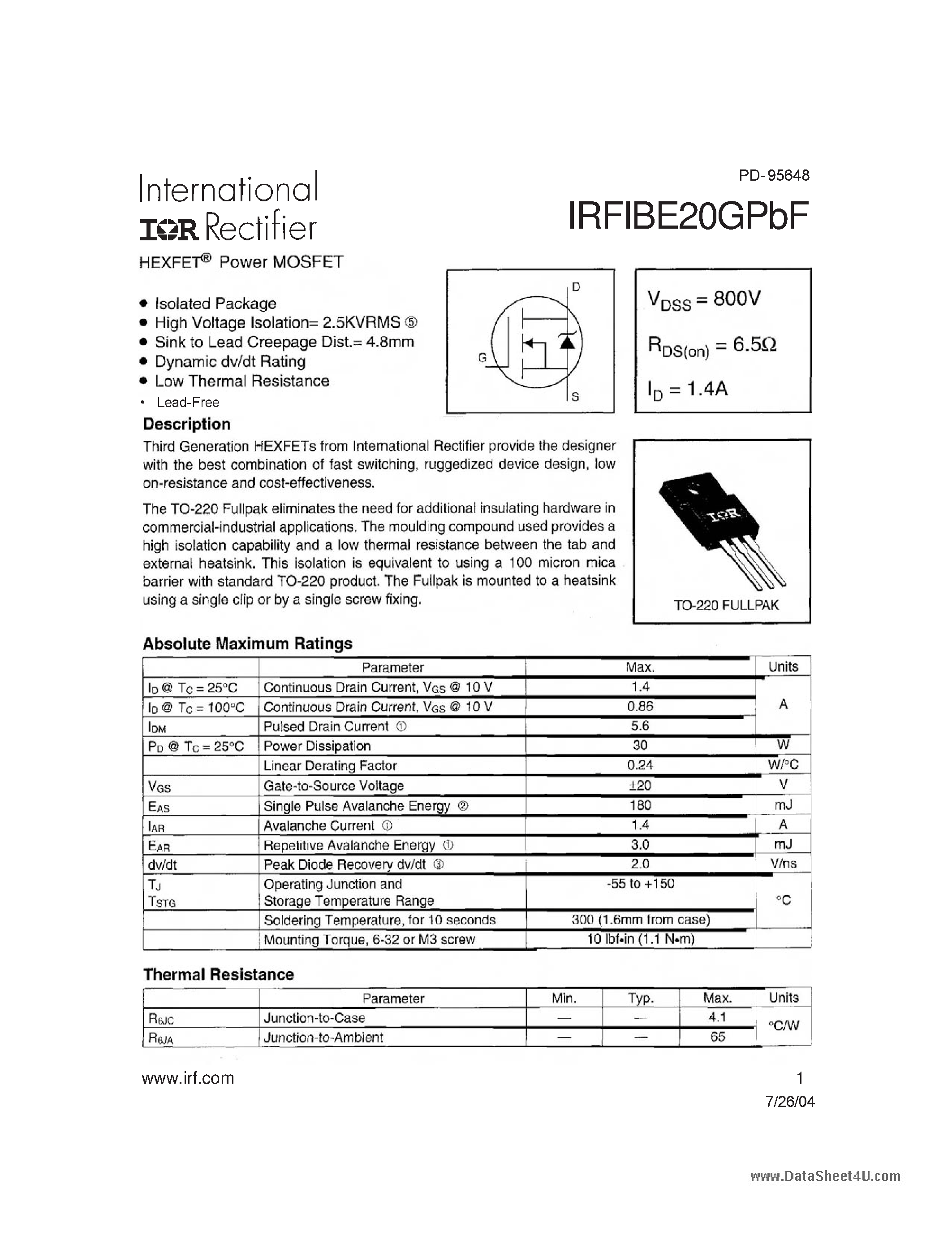 Datasheet IRFIBE20GPBF - HEXFET Power MOSFET page 1