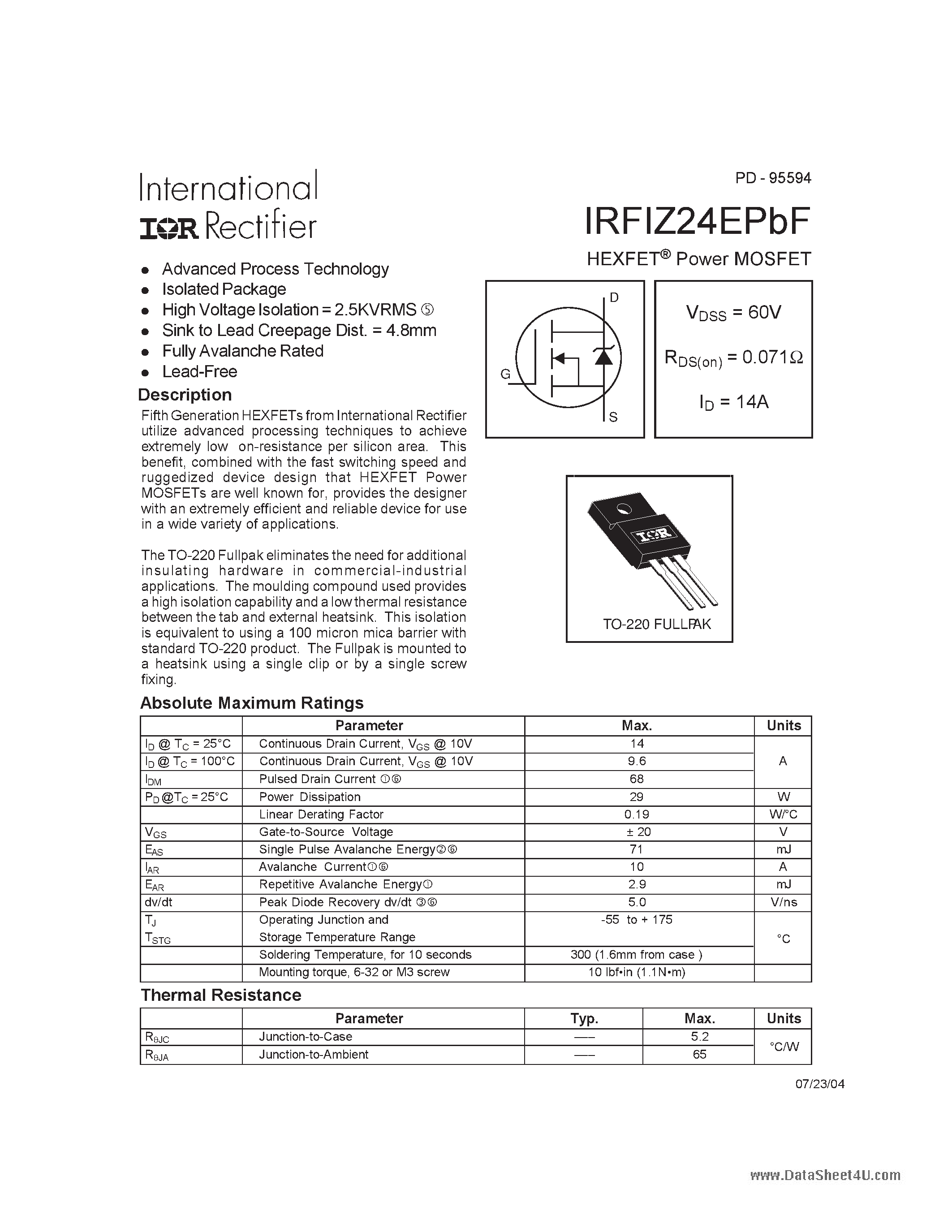 Datasheet IRFIZ24EPBF - HEXFET Power MOSFET page 1