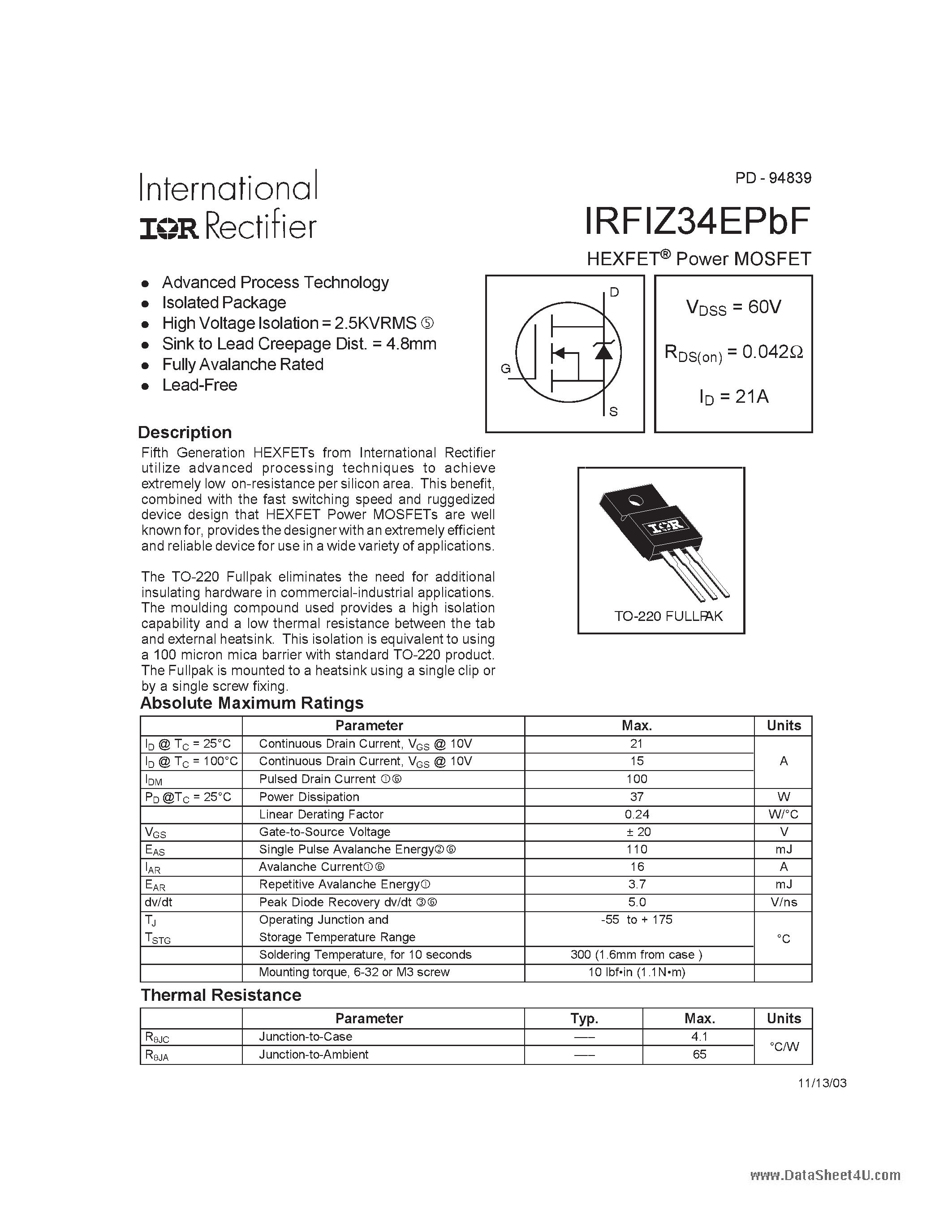 Datasheet IRFIZ34EPBF - HEXFET Power MOSFET page 1