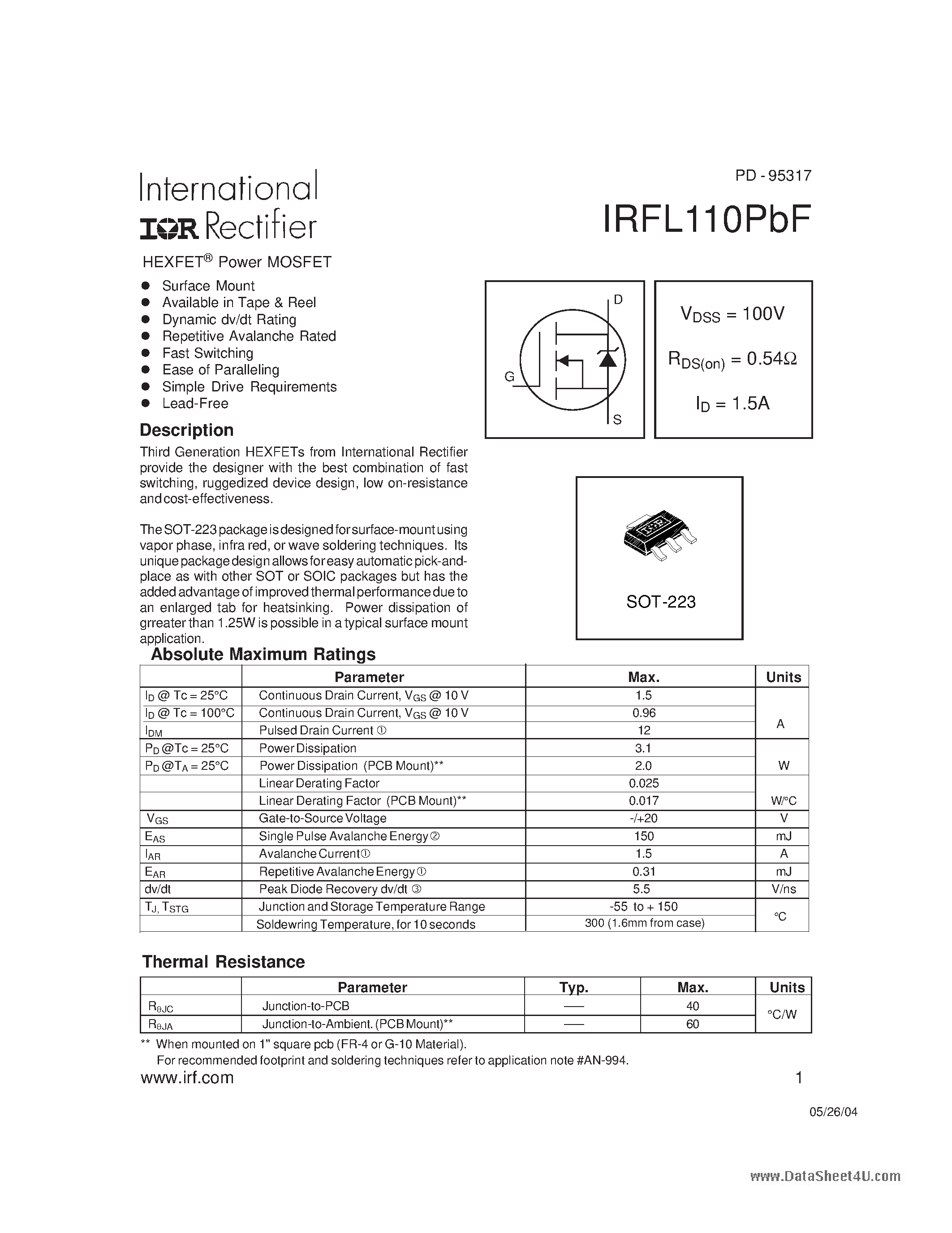Datasheet IRFL110PBF - HEXFET Power MOSFET page 1