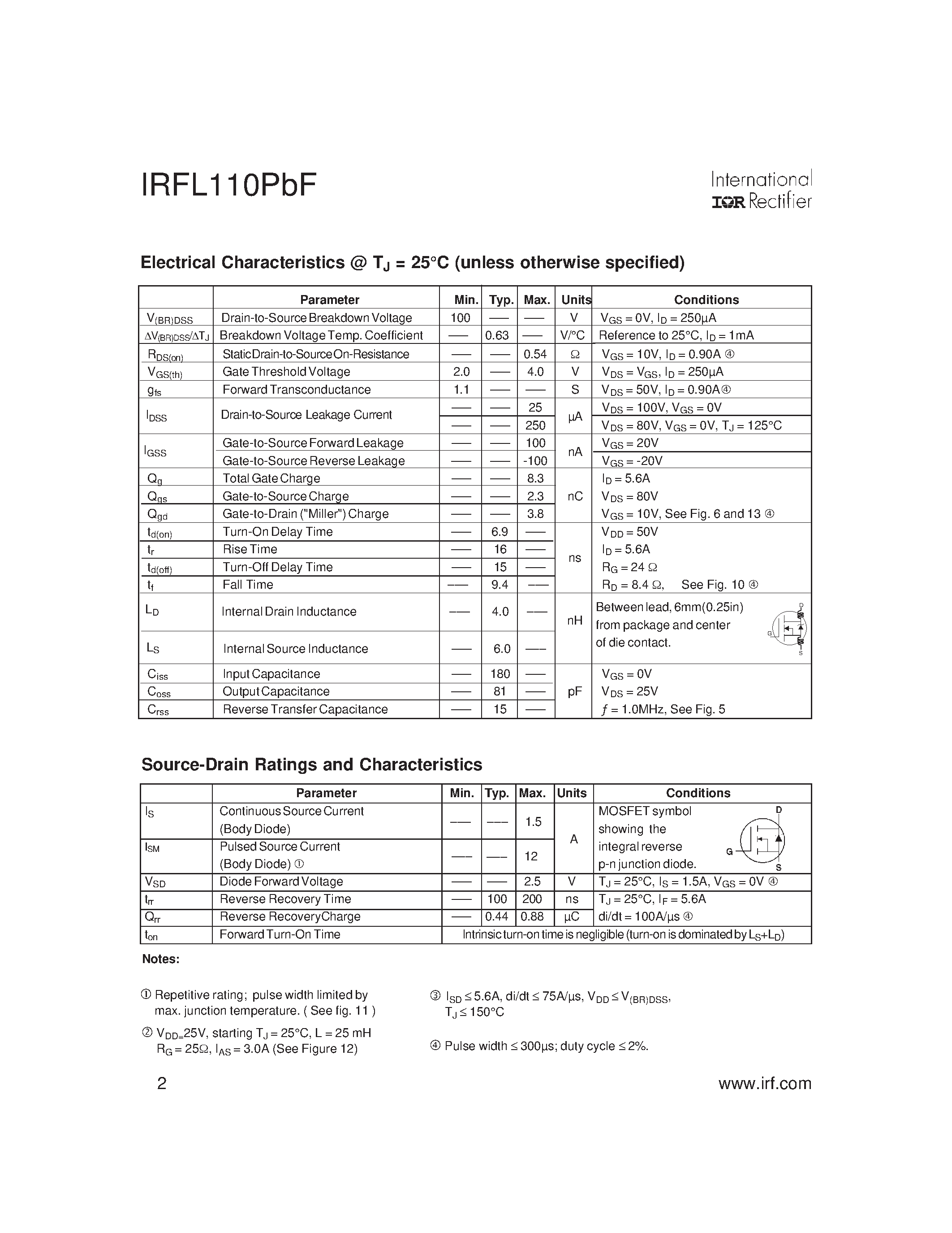 Datasheet IRFL110PBF - HEXFET Power MOSFET page 2