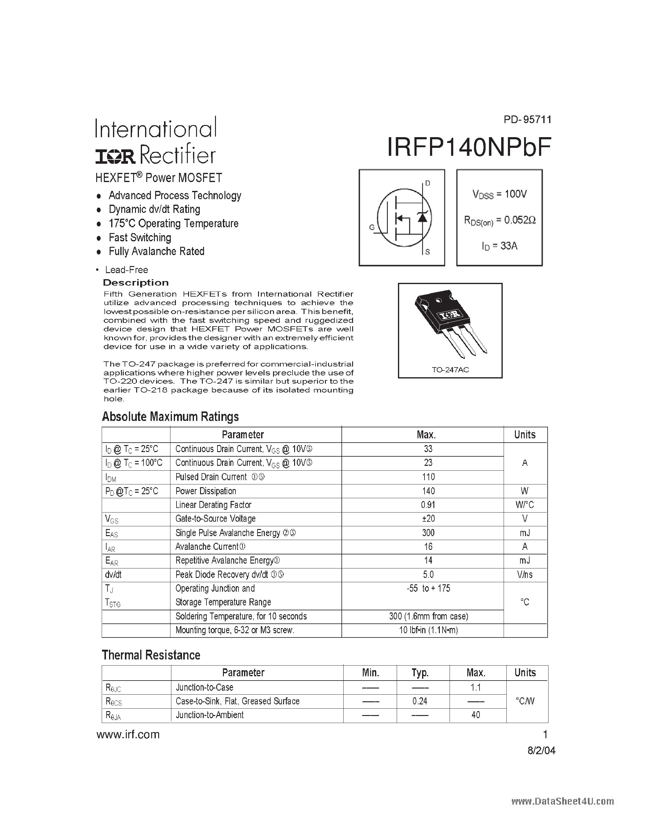 Datasheet IRFP140NPBF page 1 Datasheet IRFP140NPBF - HEXFET Power MOSFET page 1
