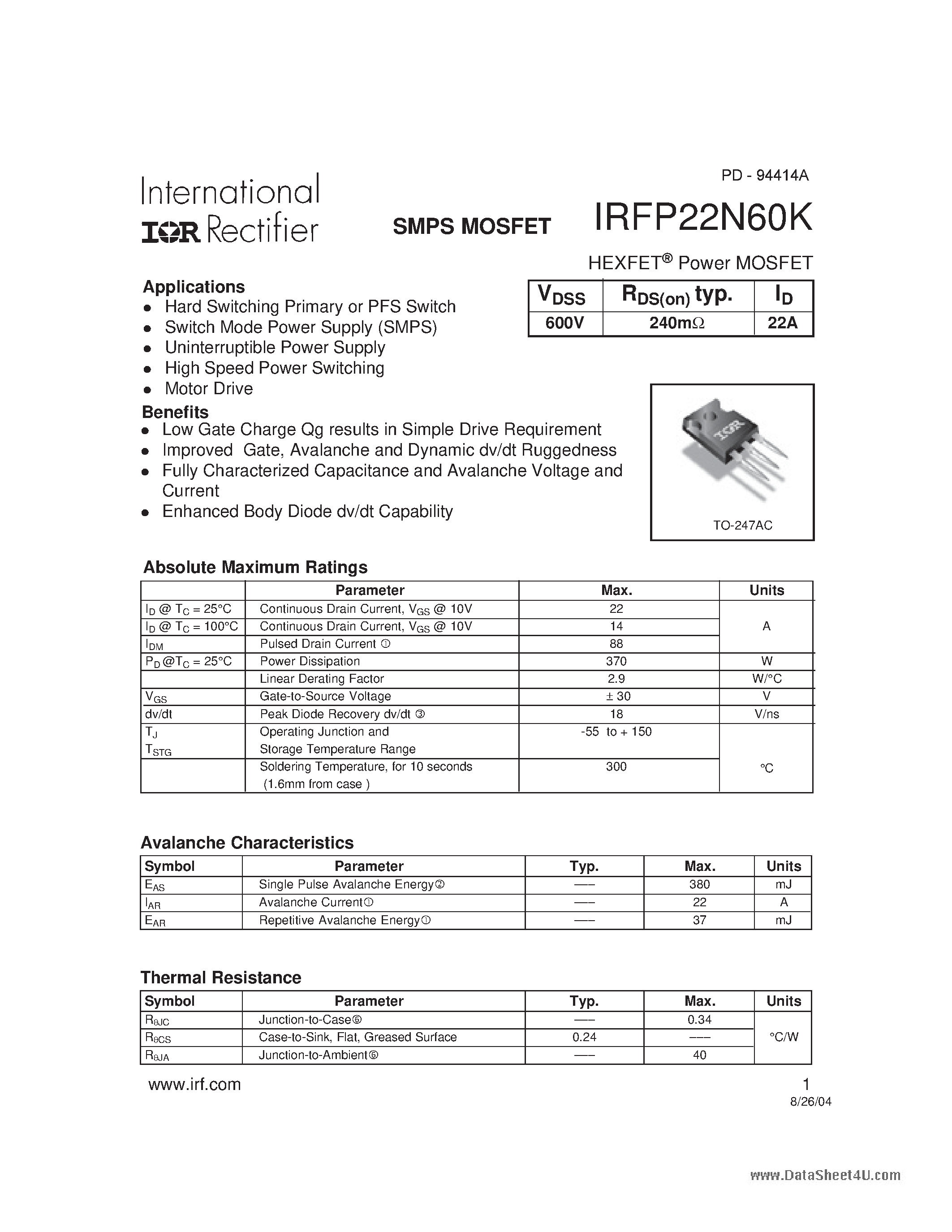 Даташит IRFP22N60K - SMPS MOSFET страница 1