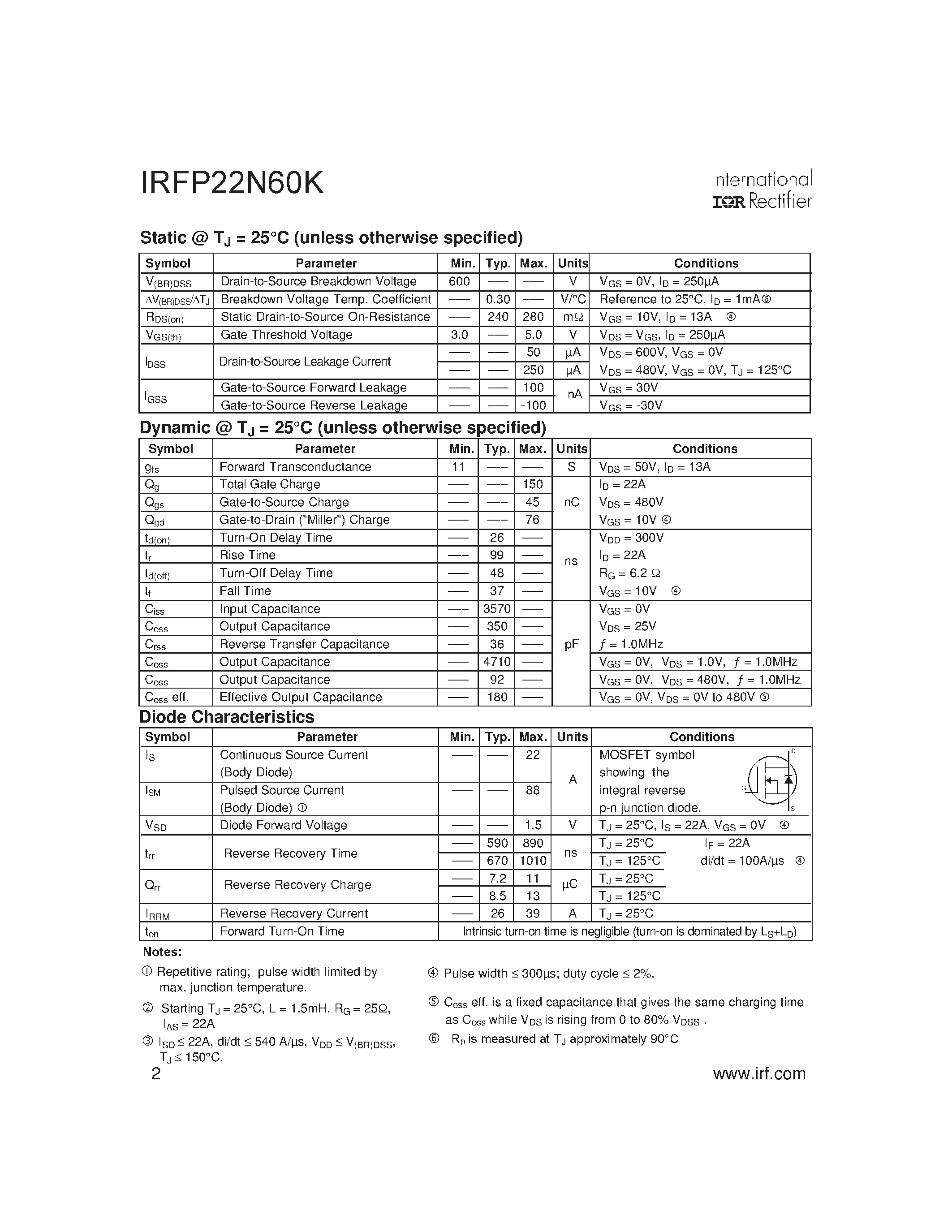 Даташит IRFP22N60K - SMPS MOSFET страница 2