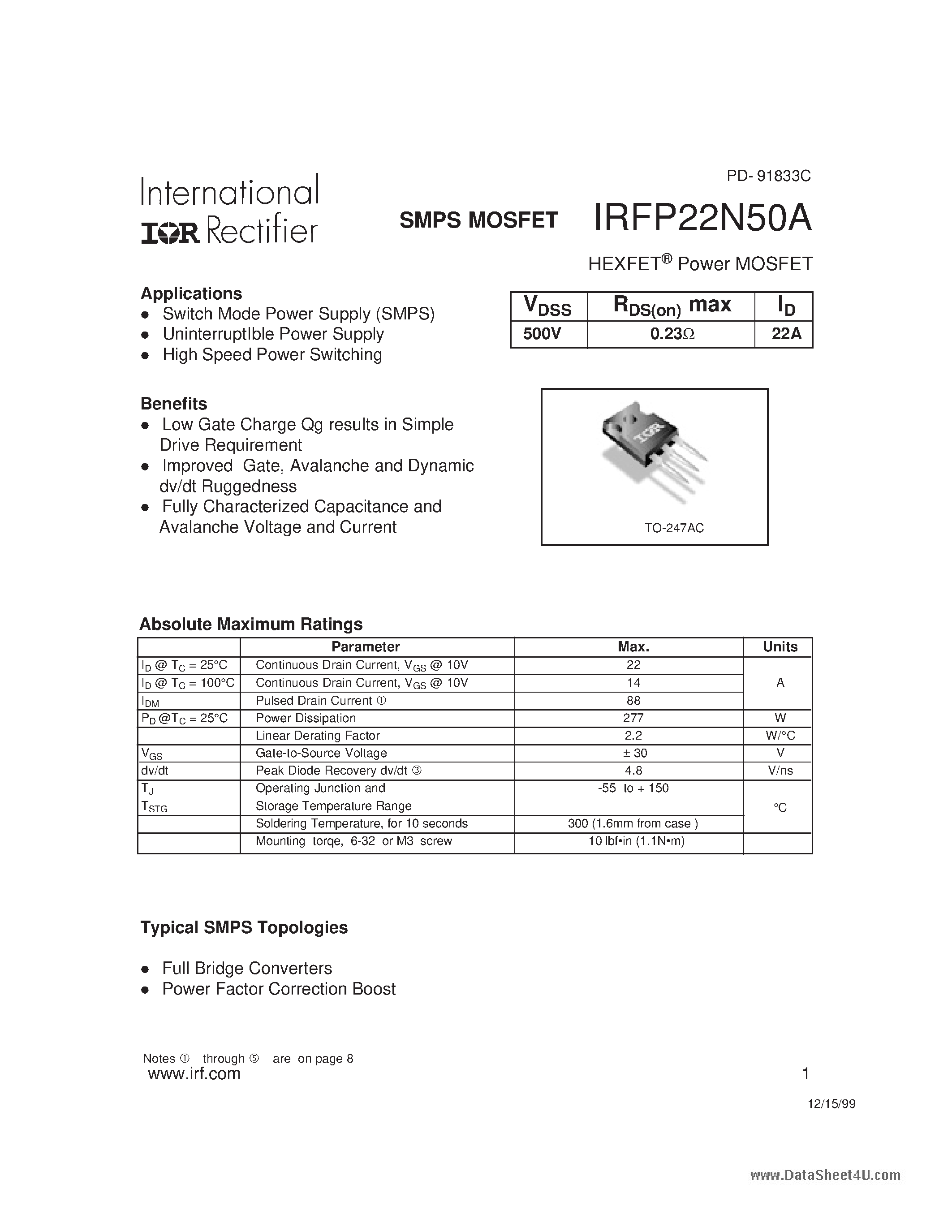 Даташит IRFP22N50A - SMPS MOSFET страница 1