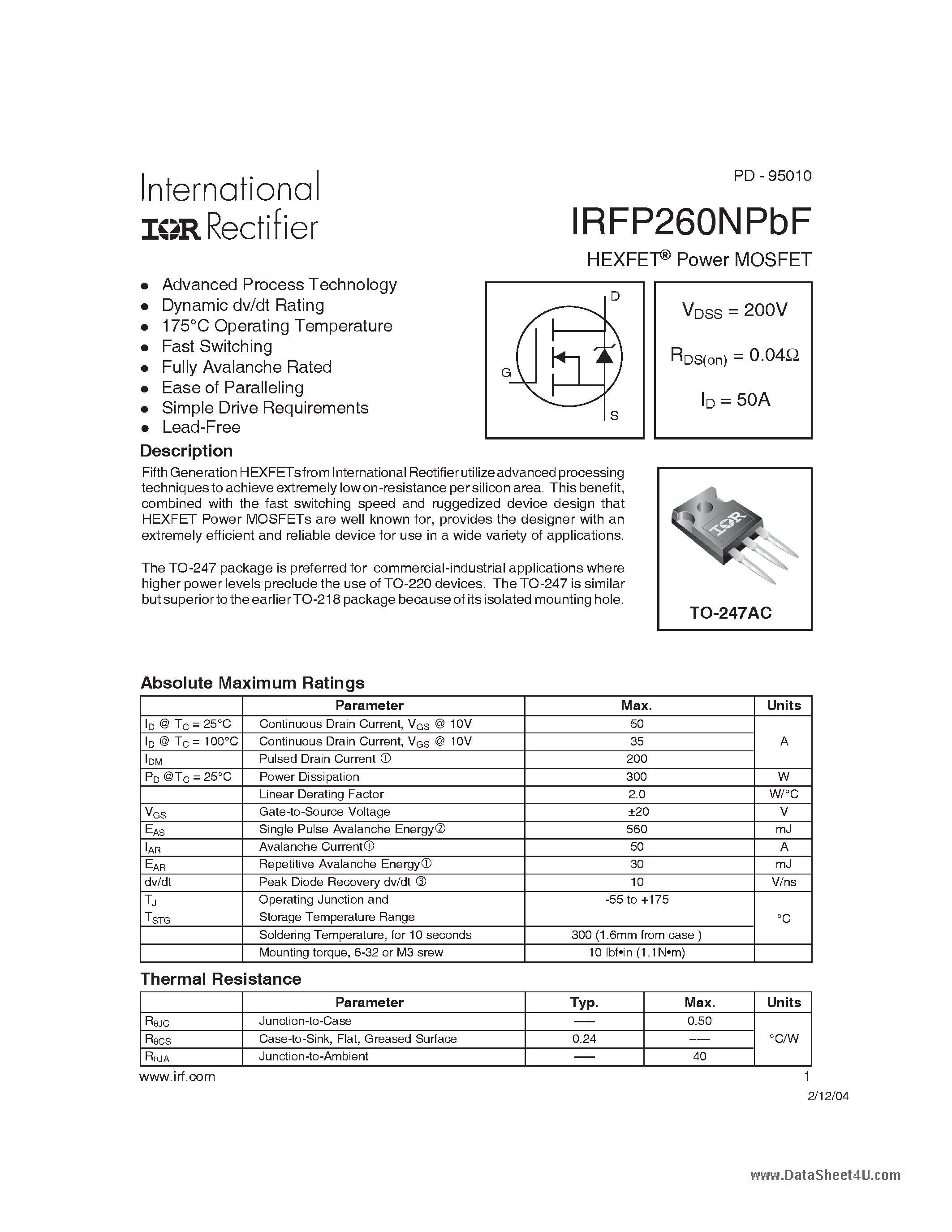 Datasheet IRFP260NPBF - HEXFET Power MOSFET page 1
