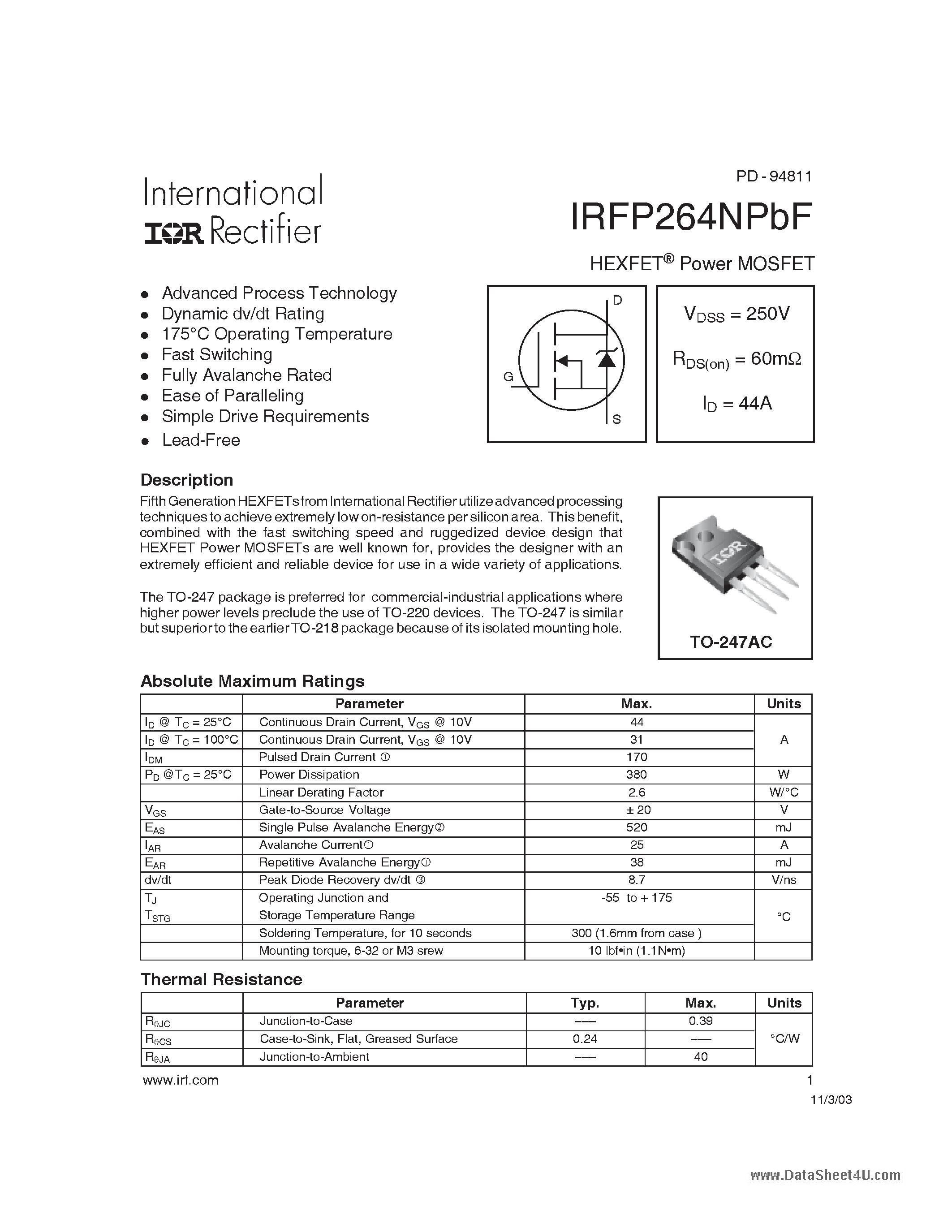 Даташит IRFP264NPBF - HEXFET Power MOSFET страница 1