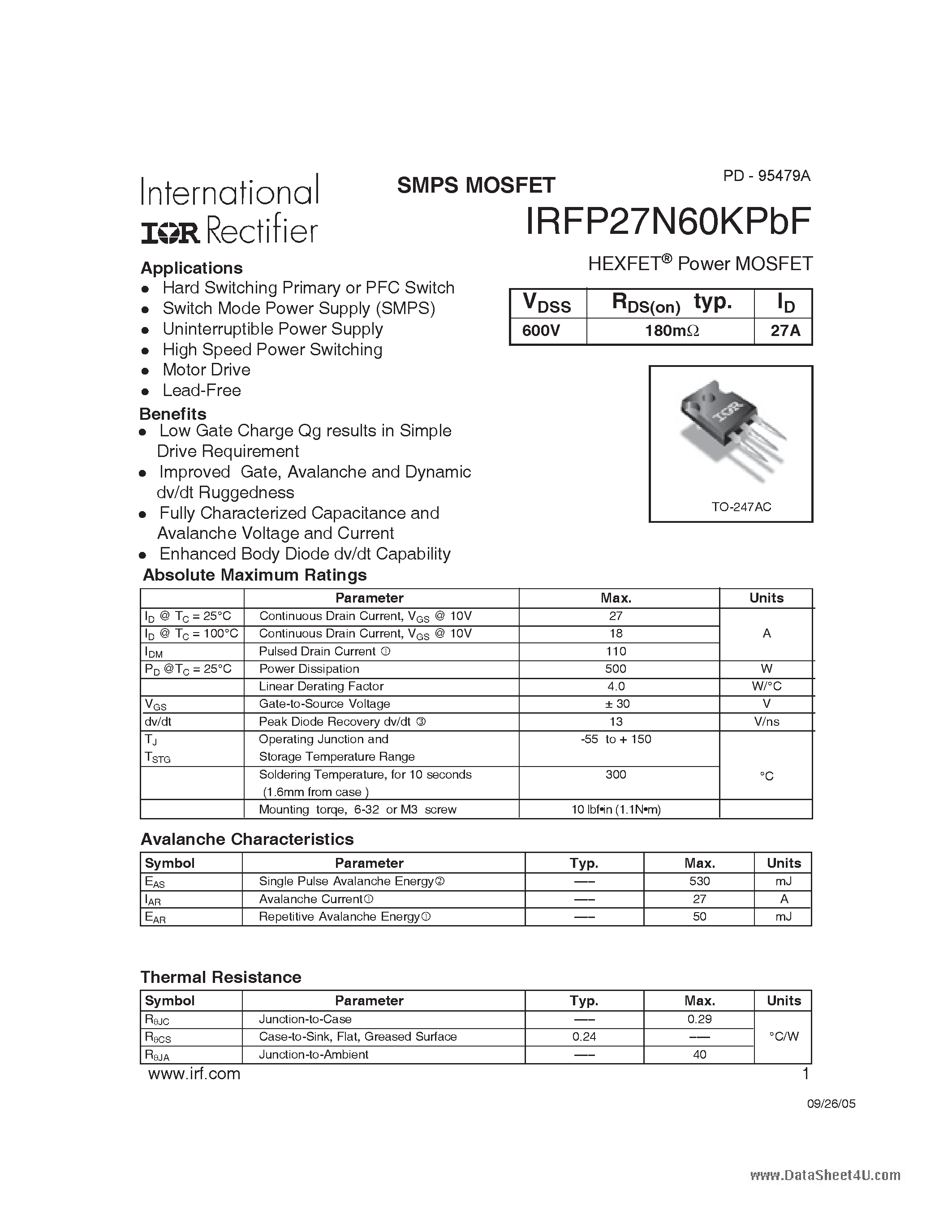 Datasheet IRFP27N60KPBF - HEXFET Power MOSFET page 1