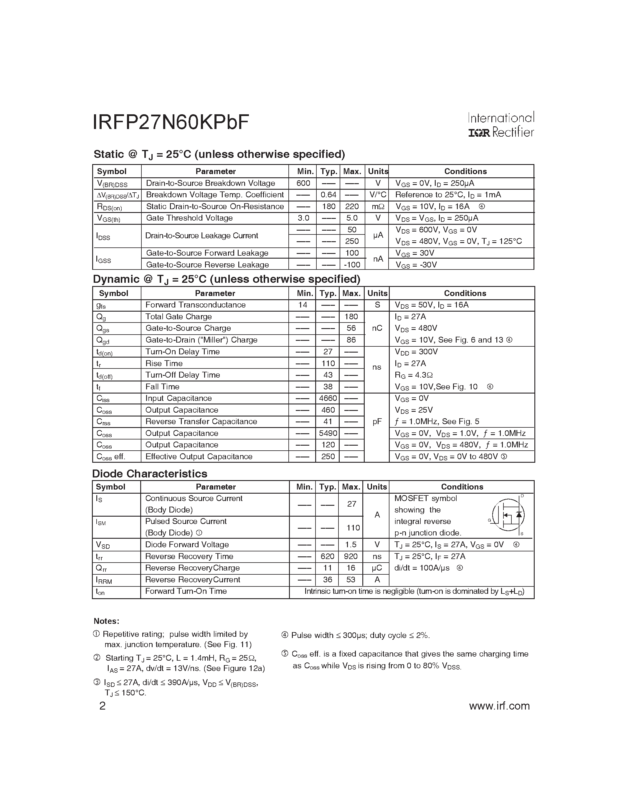 Datasheet IRFP27N60KPBF - HEXFET Power MOSFET page 2