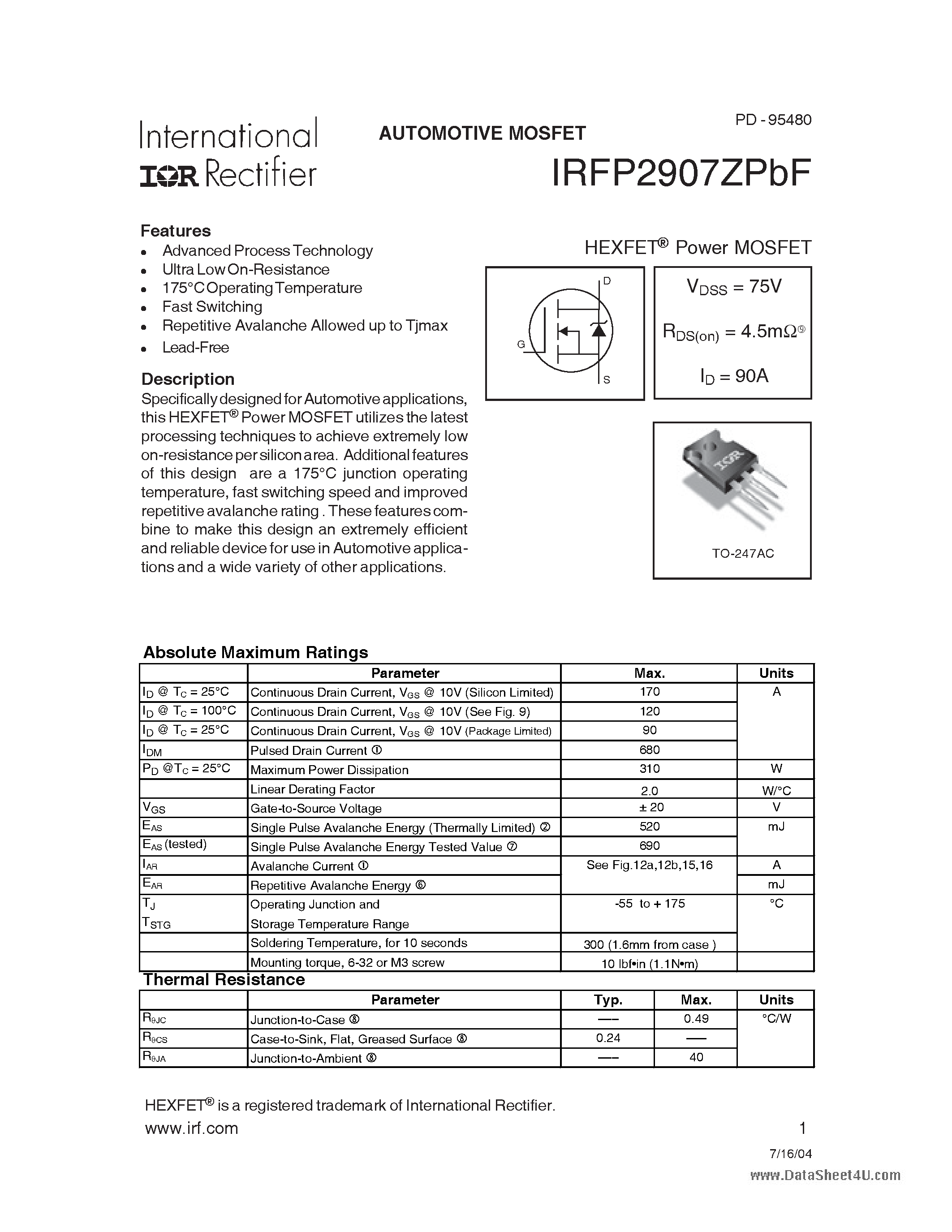 Datasheet IRFP2907ZPBF - HEXFET Power MOSFET page 1