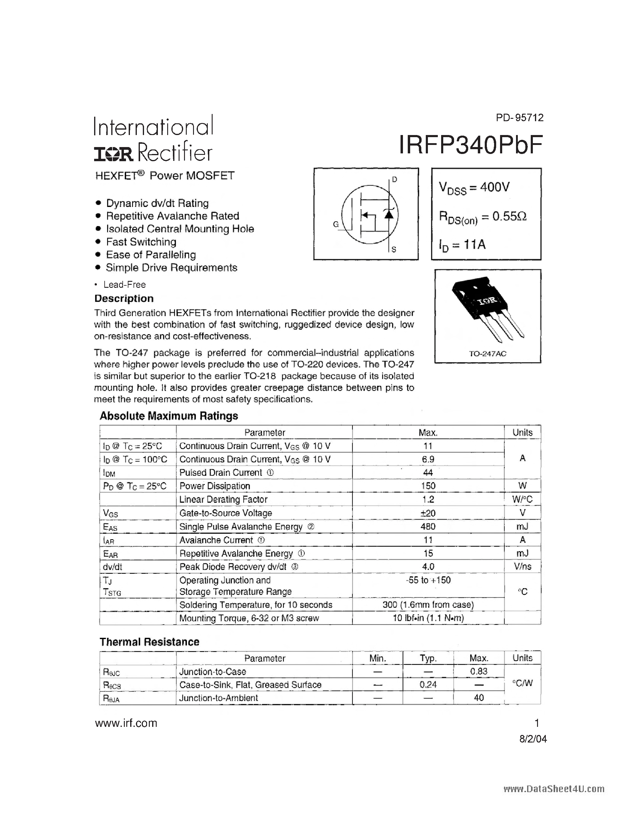 Datasheet IRFP340PBF - HEXFET Power MOSFET page 1
