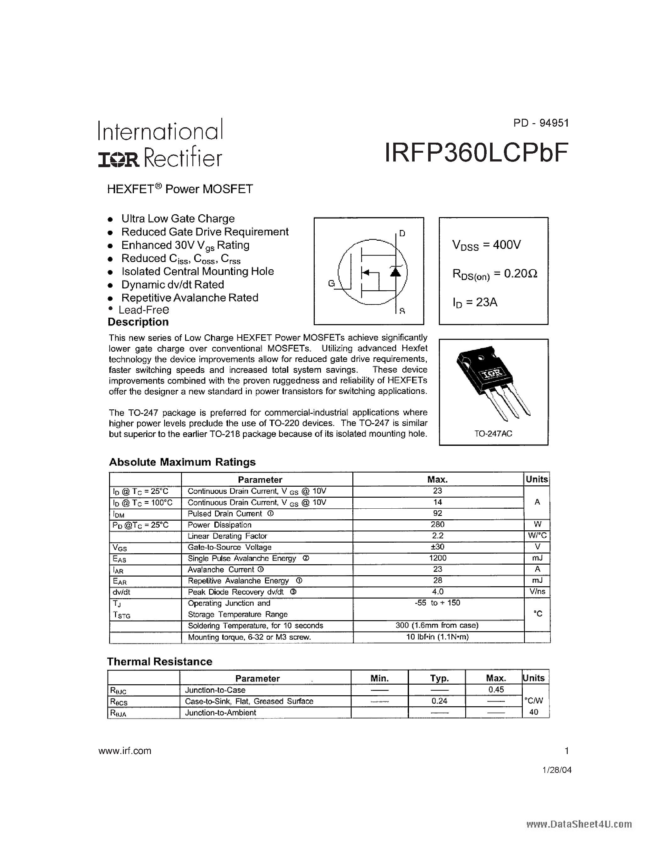 Datasheet IRFP360LCPBF - HEXFET Power MOSFET page 1