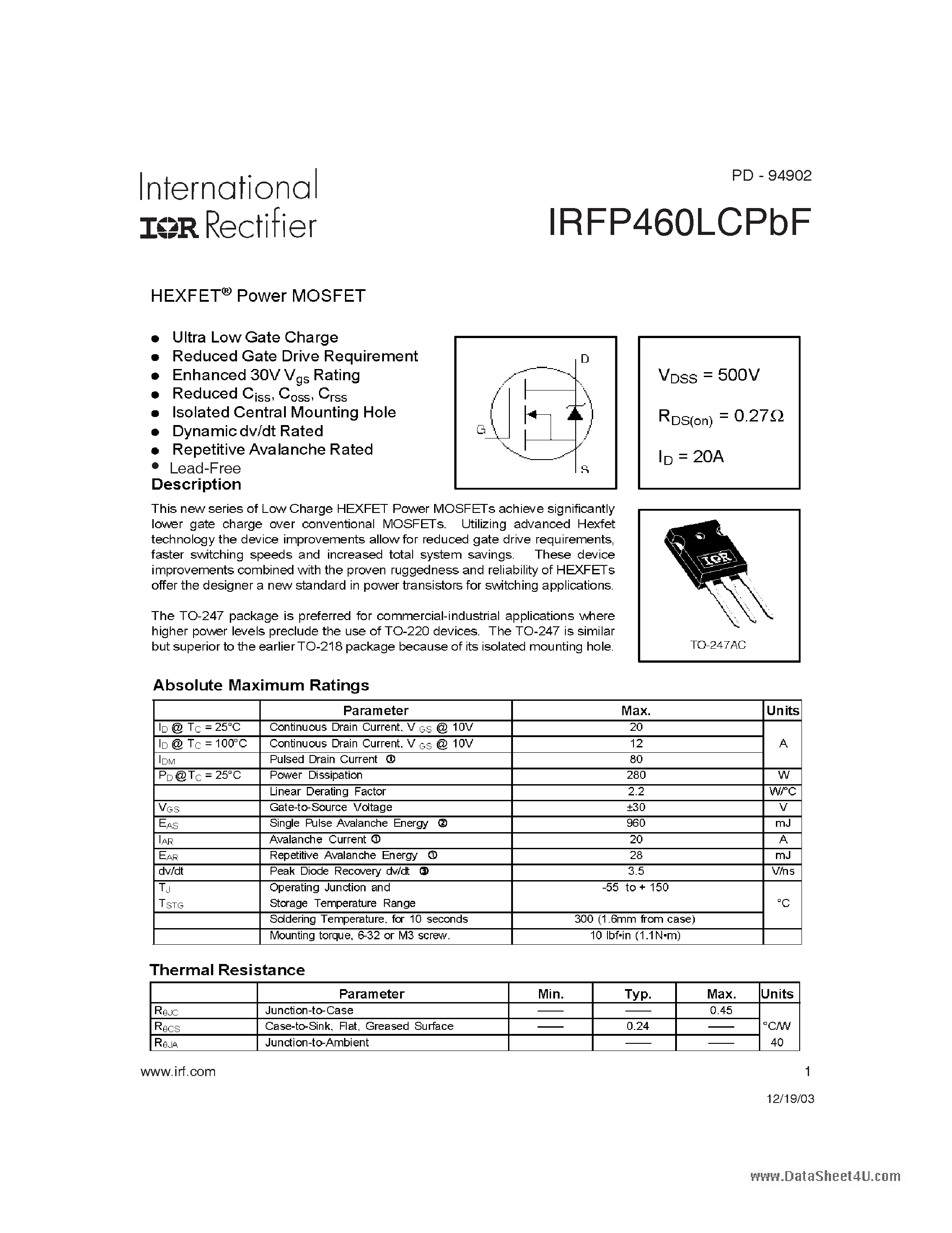 Datasheet IRFP460LCPBF - HEXFET Power MOSFET page 1