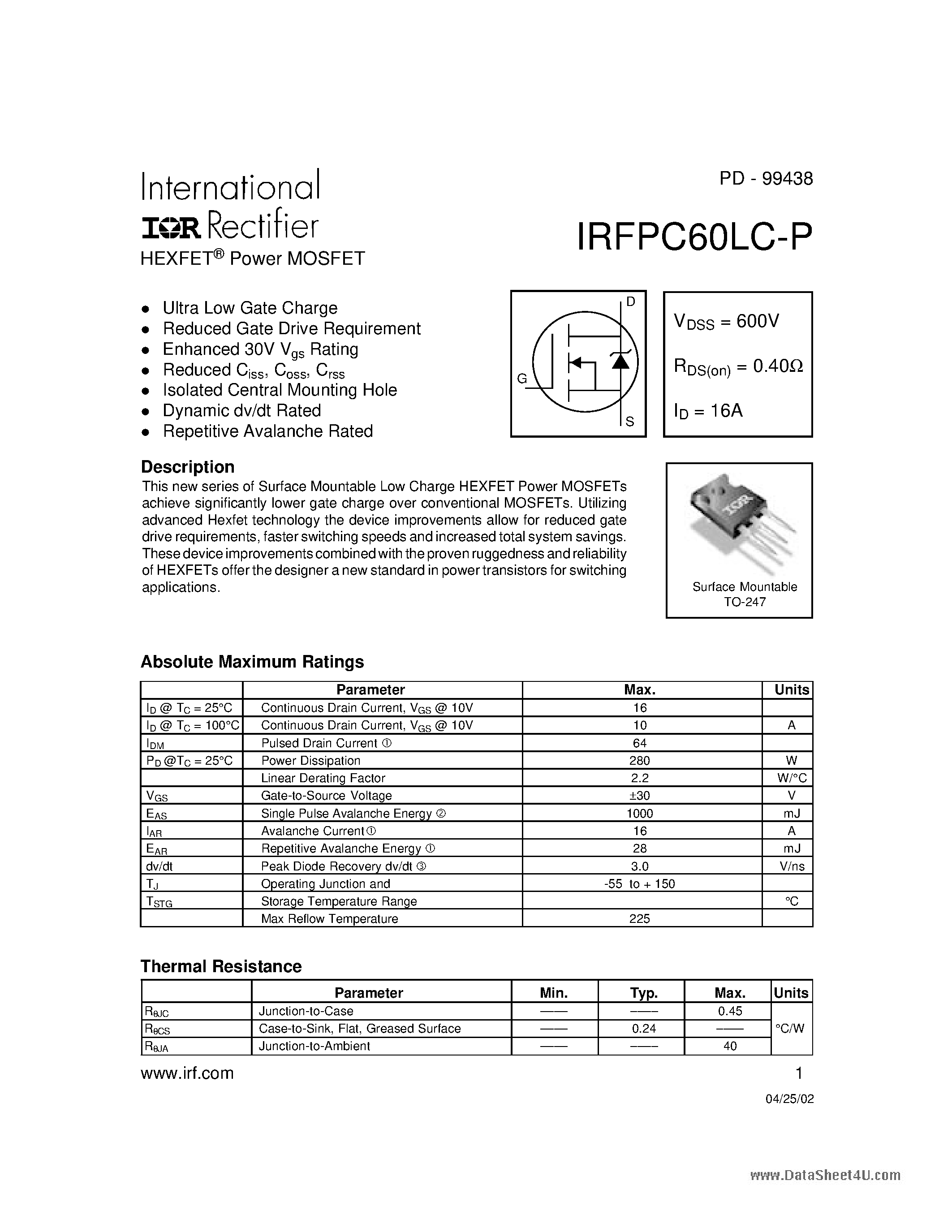 Datasheet IRFPC60LC-P - HEXFET Power MOSFET page 1
