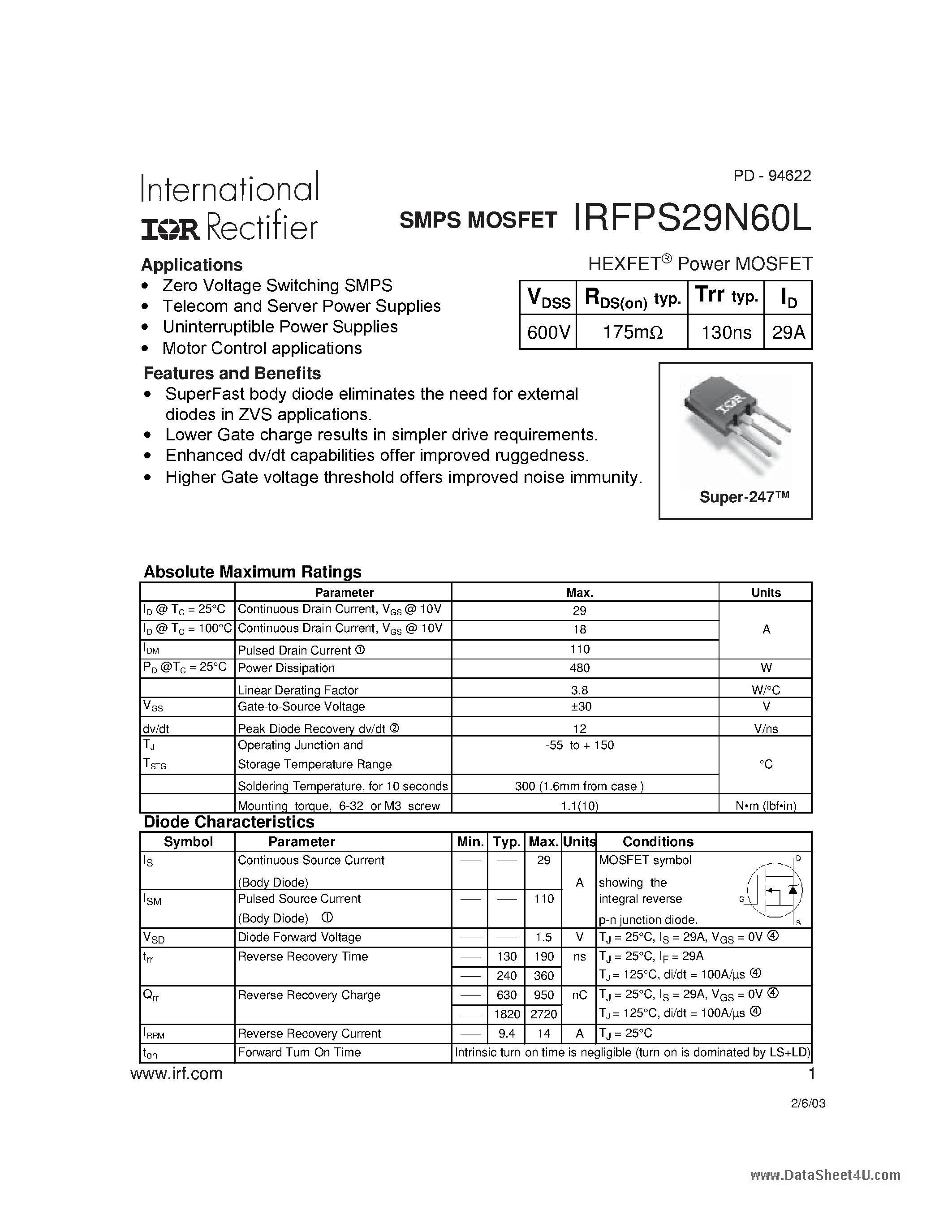 Даташит IRFPS29N60L - SMPS MOSFET страница 1