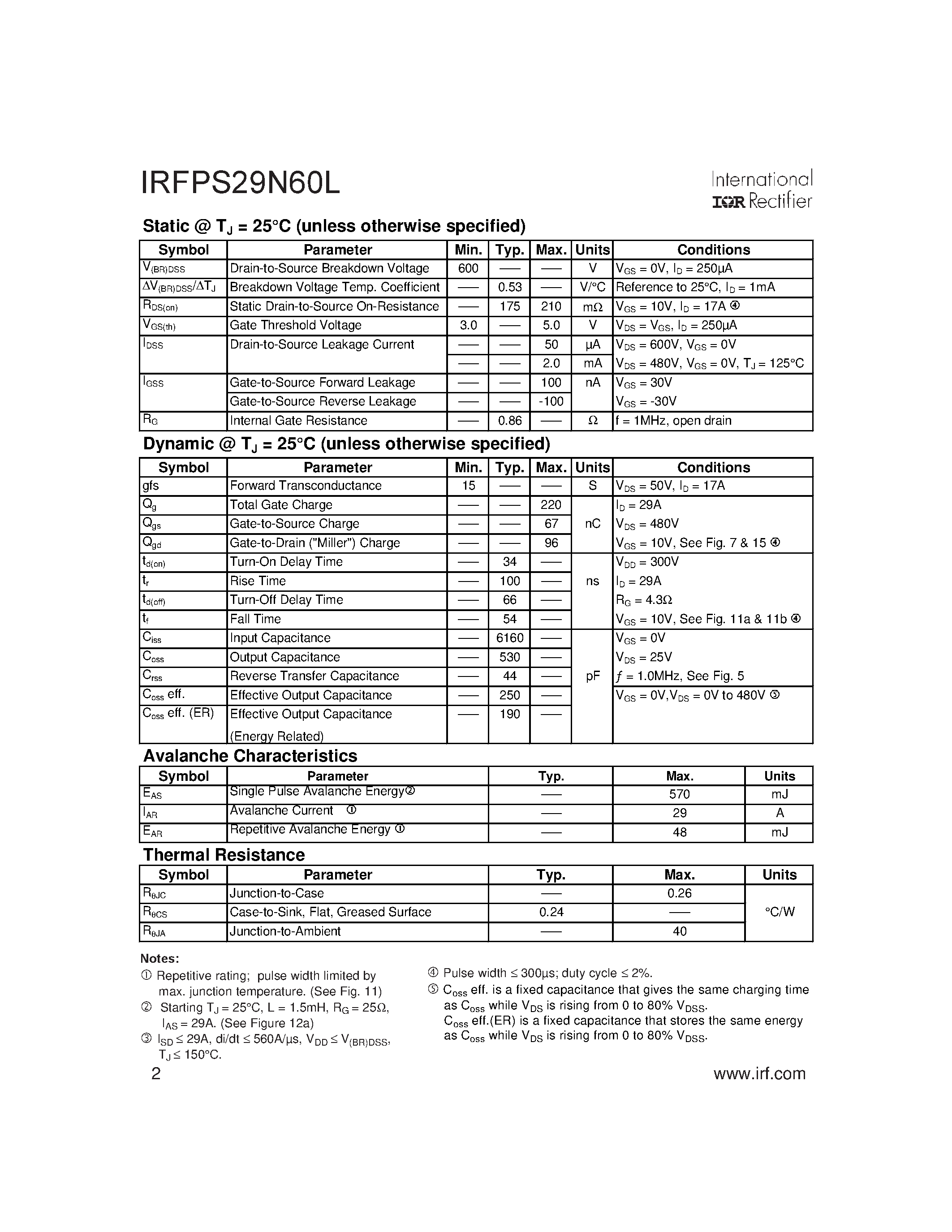Даташит IRFPS29N60L - SMPS MOSFET страница 2