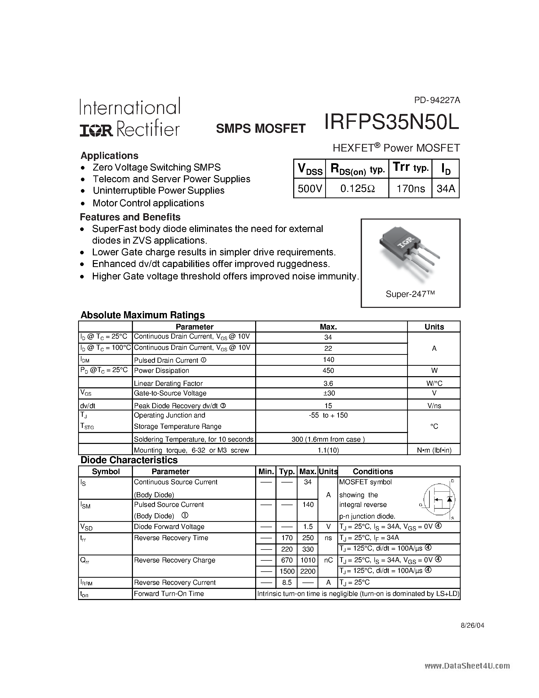 Datasheet IRFPS35N50L - HEXFET Power MOSFET page 1