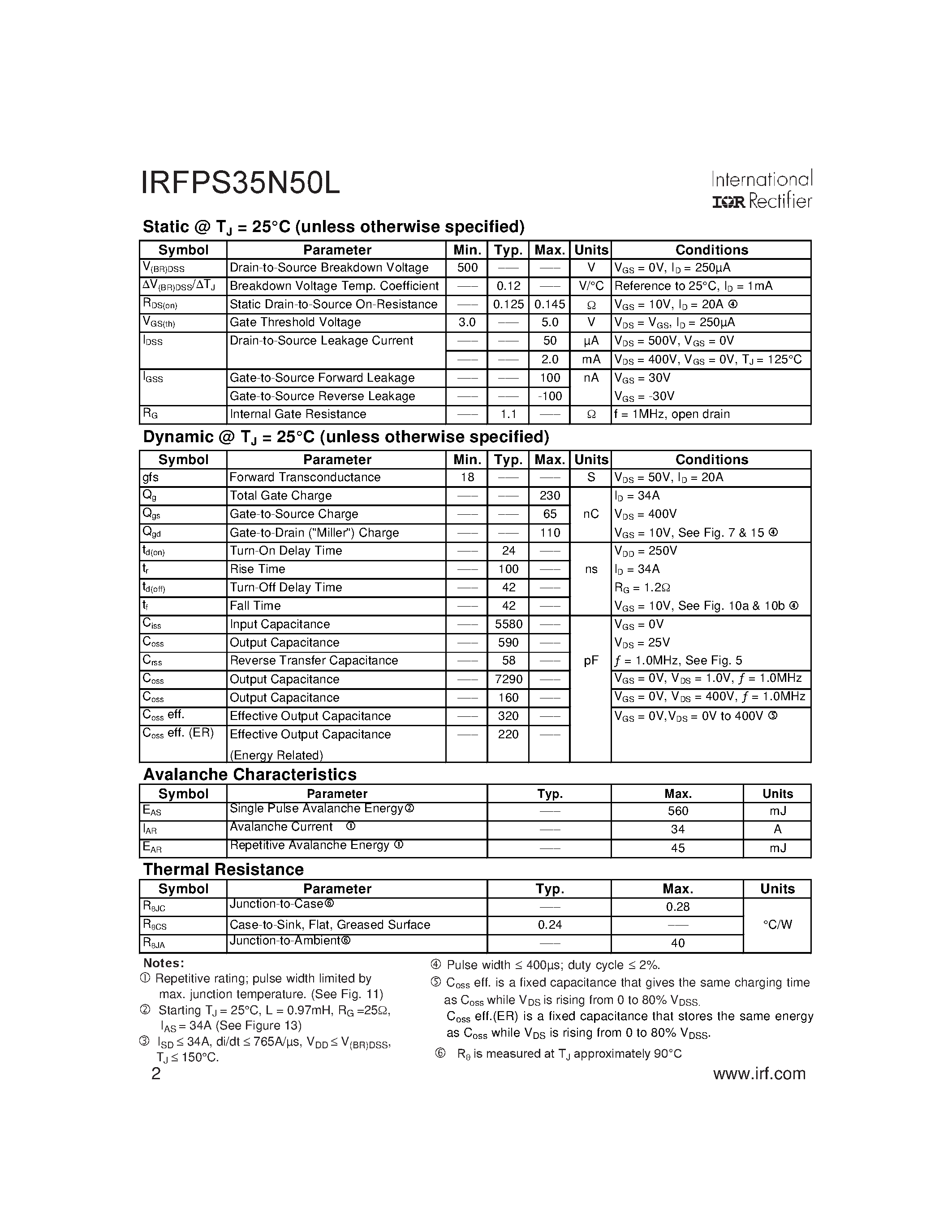 Даташит IRFPS35N50L - HEXFET Power MOSFET страница 2