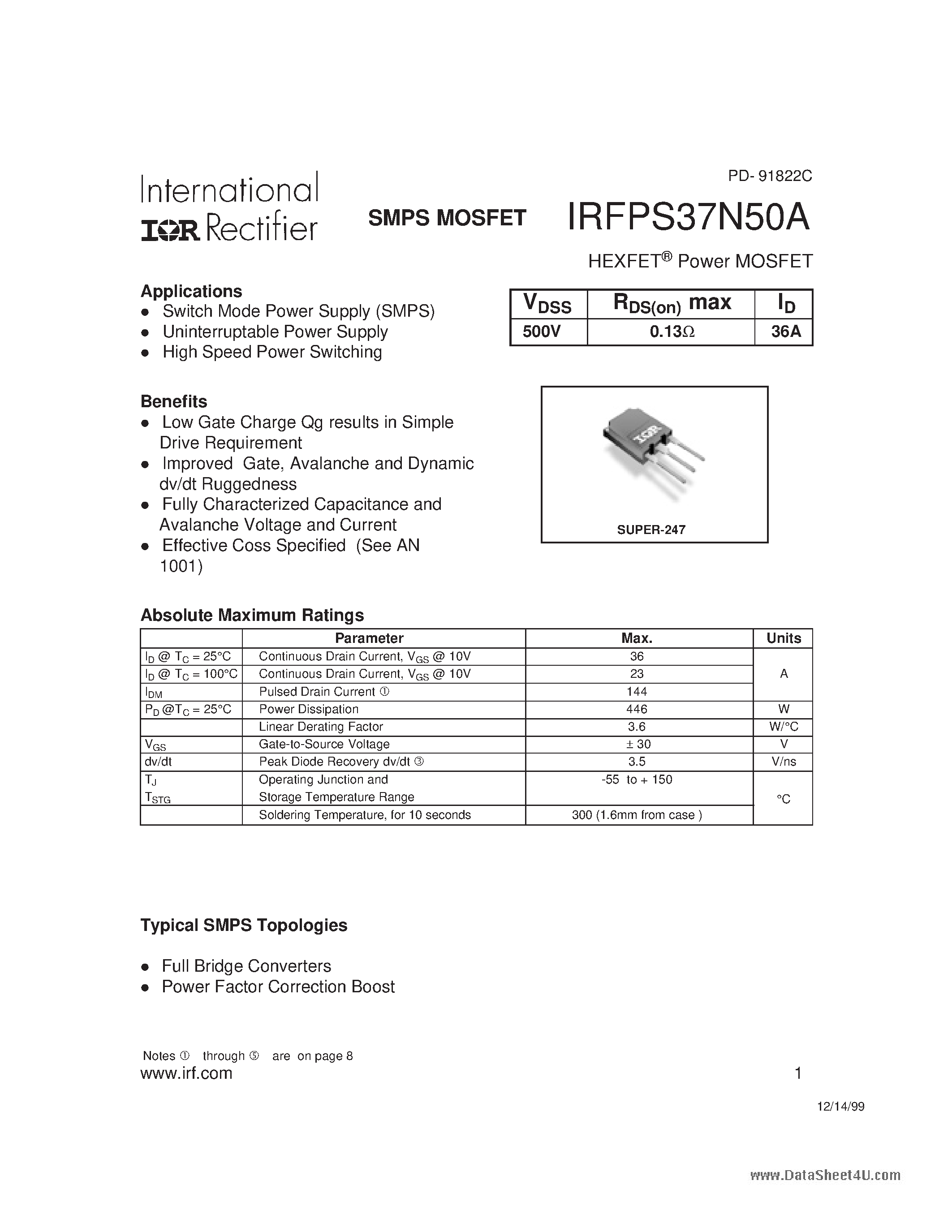 Даташит IRFPS37N50A - HEXFET Power MOSFET страница 1
