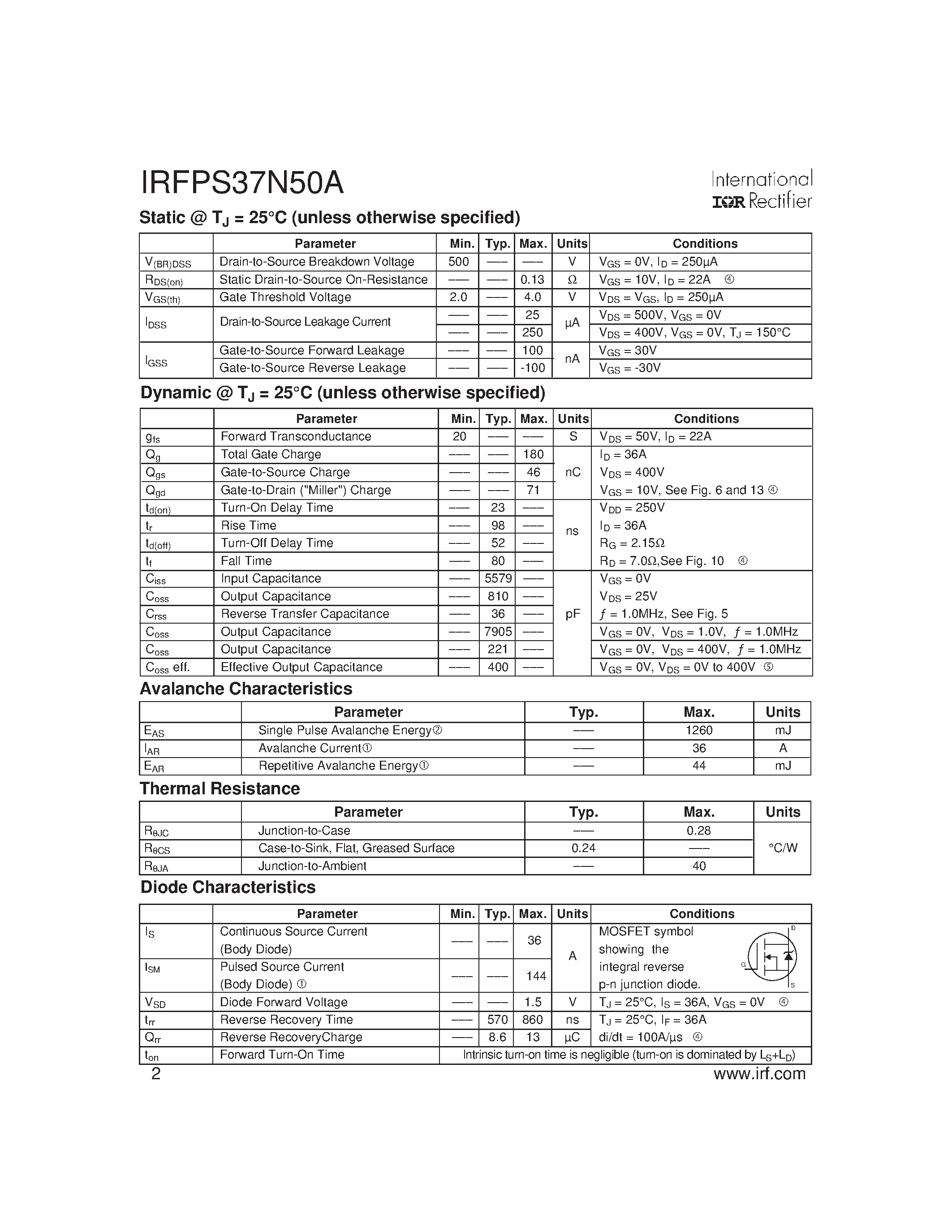 Datasheet IRFPS37N50A - HEXFET Power MOSFET page 2