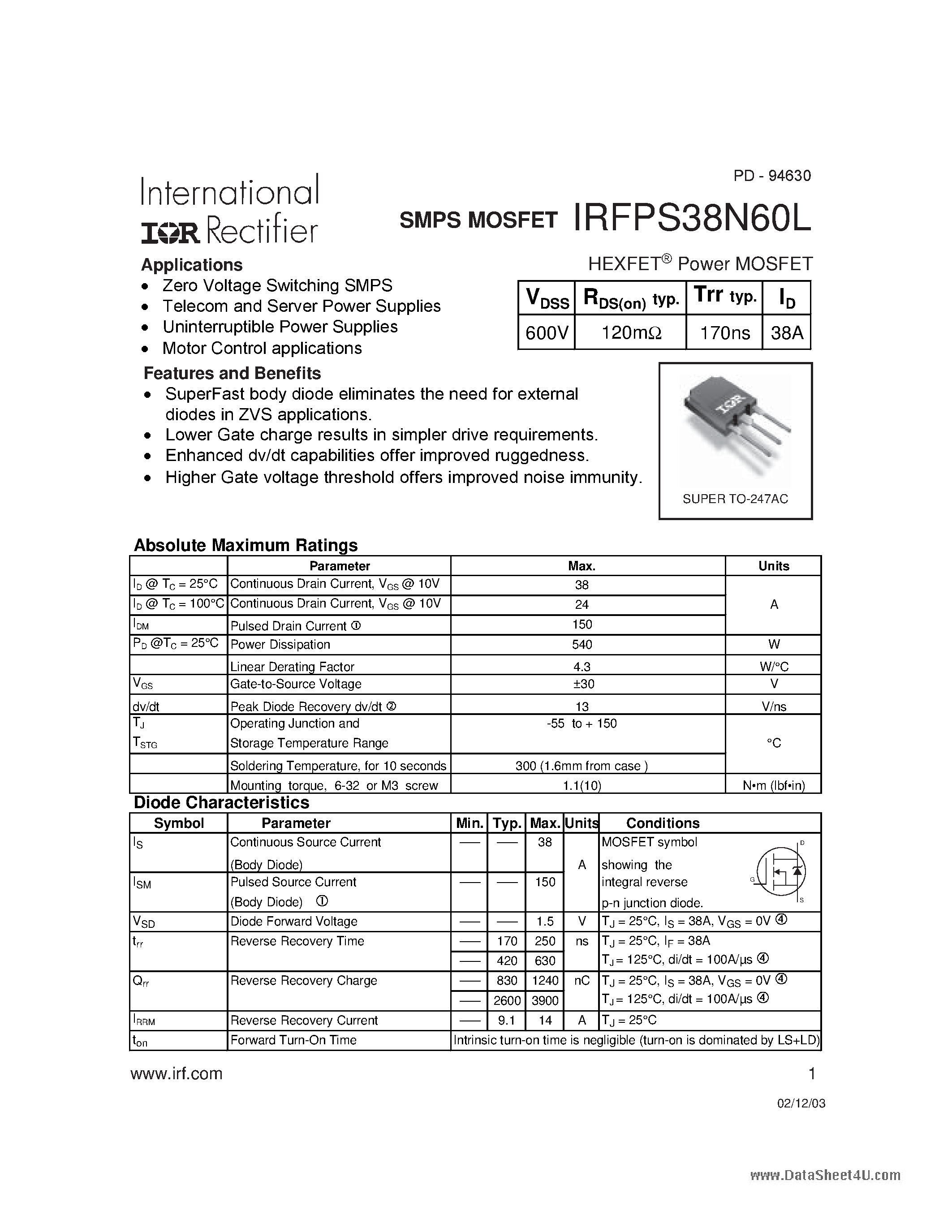 Datasheet IRFPS38N60L page 1 Datasheet IRFPS38N60L - HEXFET Power MOSFET page 1